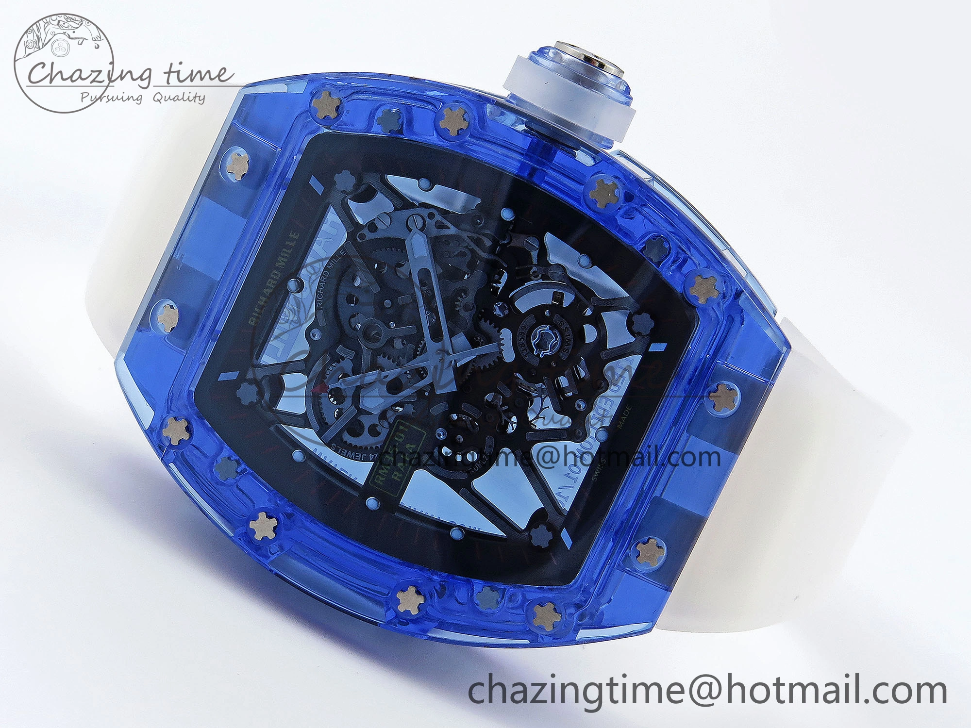 RM035 Blue Transparent RMF Best Edition Skeleton Dial on Translucent Rubber Strap Clone RMUL2