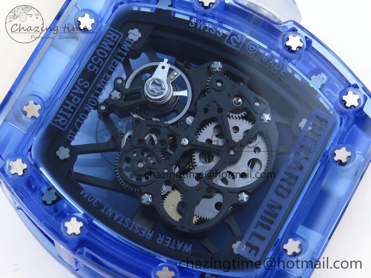 RM035 Blue Transparent RMF Best Edition Skeleton Dial on Translucent Rubber Strap Clone RMUL2