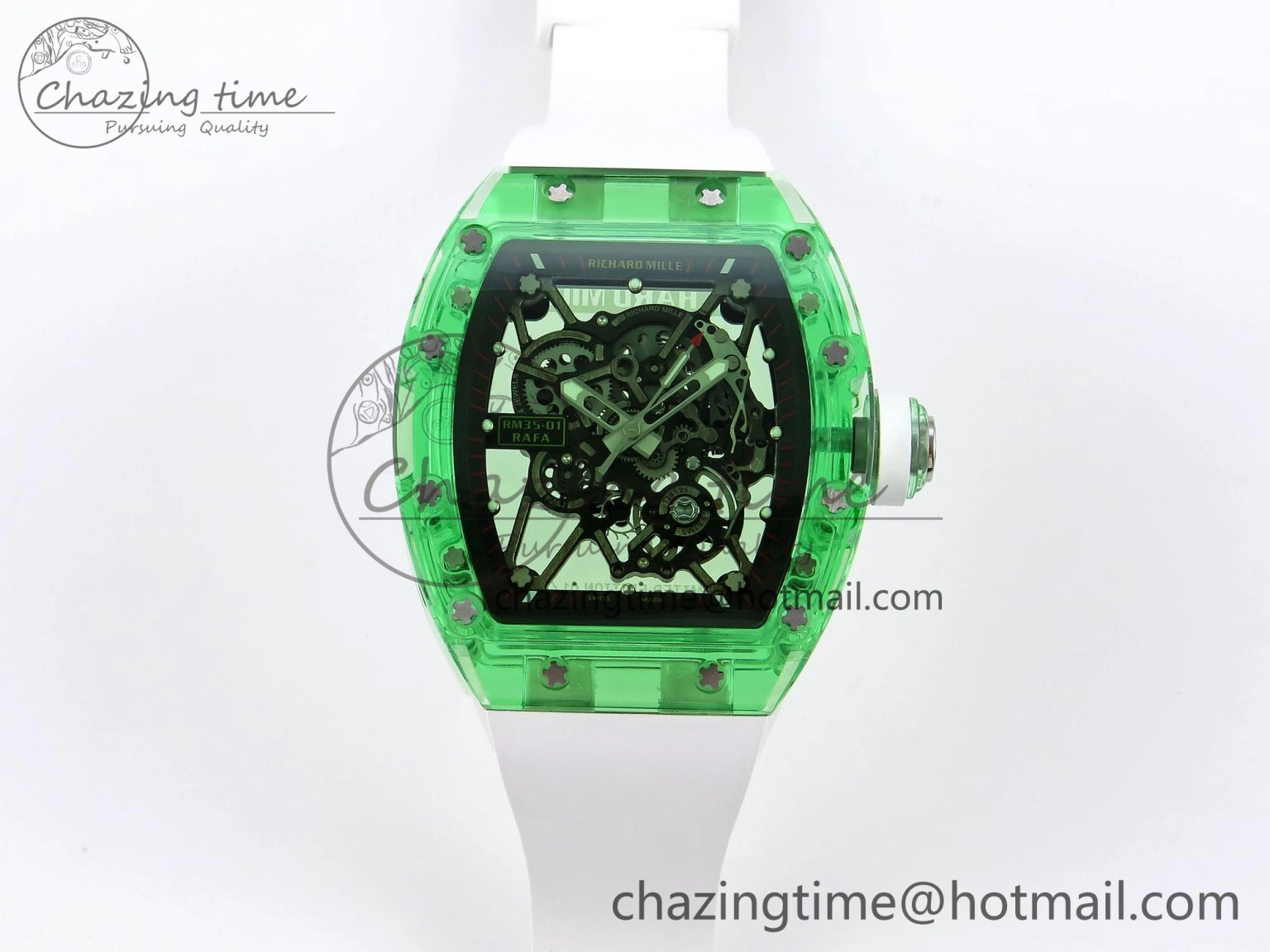 RM035 Green Transparent RMF Best Edition Skeleton Dial on White Rubber Strap Clone RMUL2