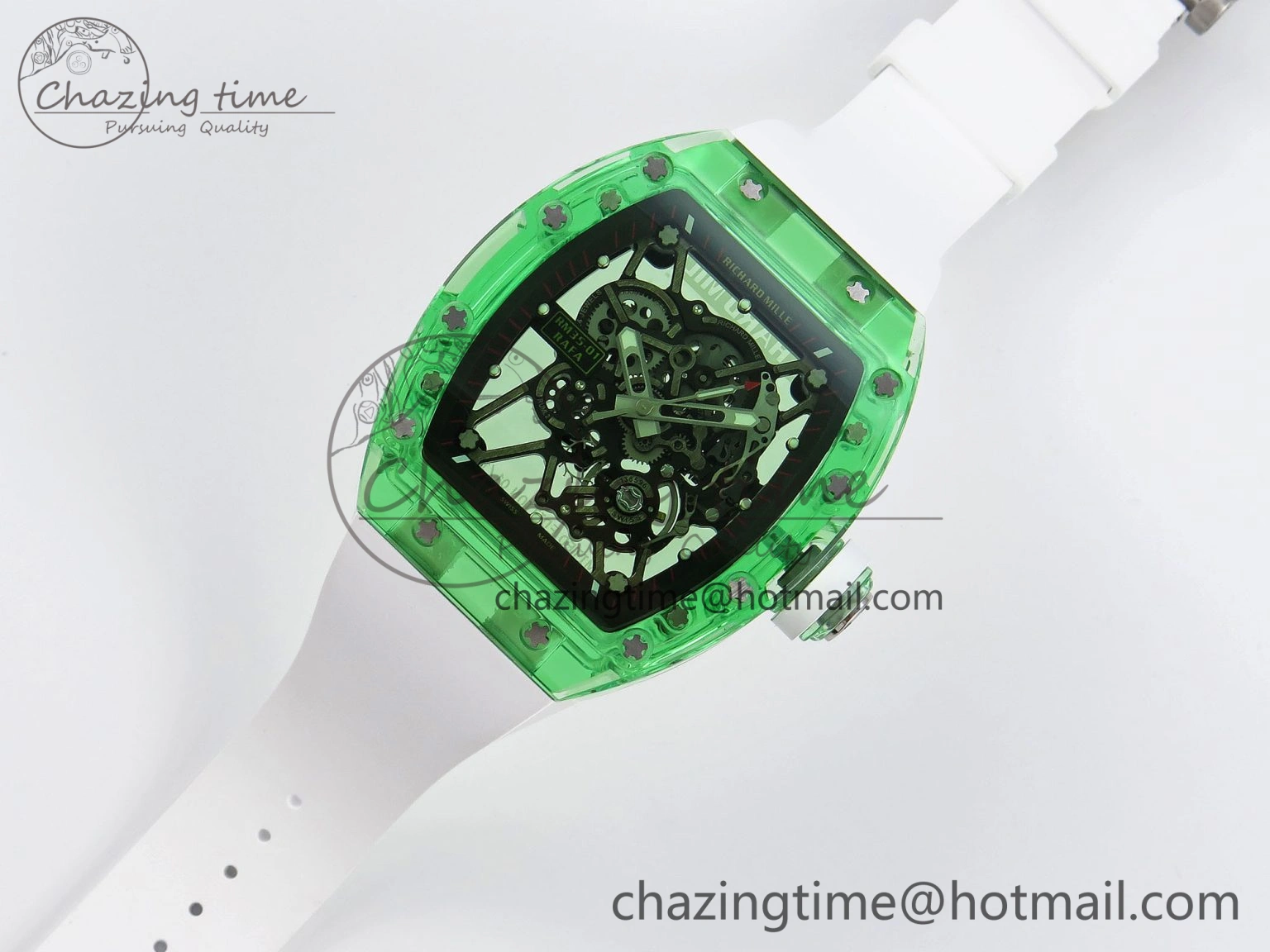RM035 Green Transparent RMF Best Edition Skeleton Dial on White Rubber Strap Clone RMUL2