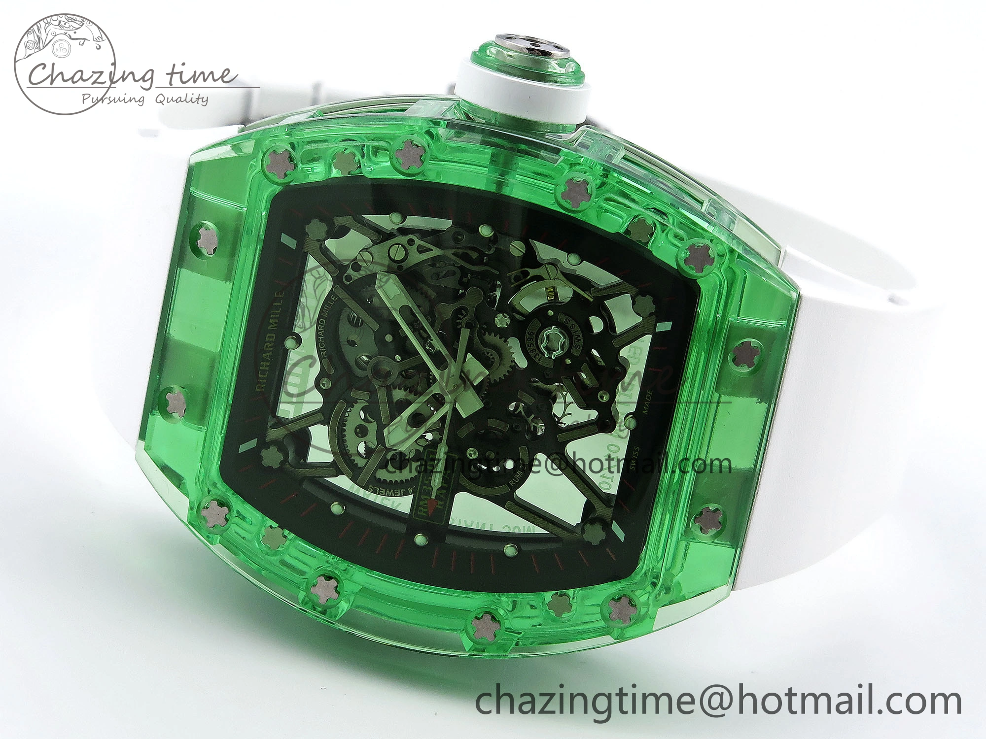 RM035 Green Transparent RMF Best Edition Skeleton Dial on White Rubber Strap Clone RMUL2