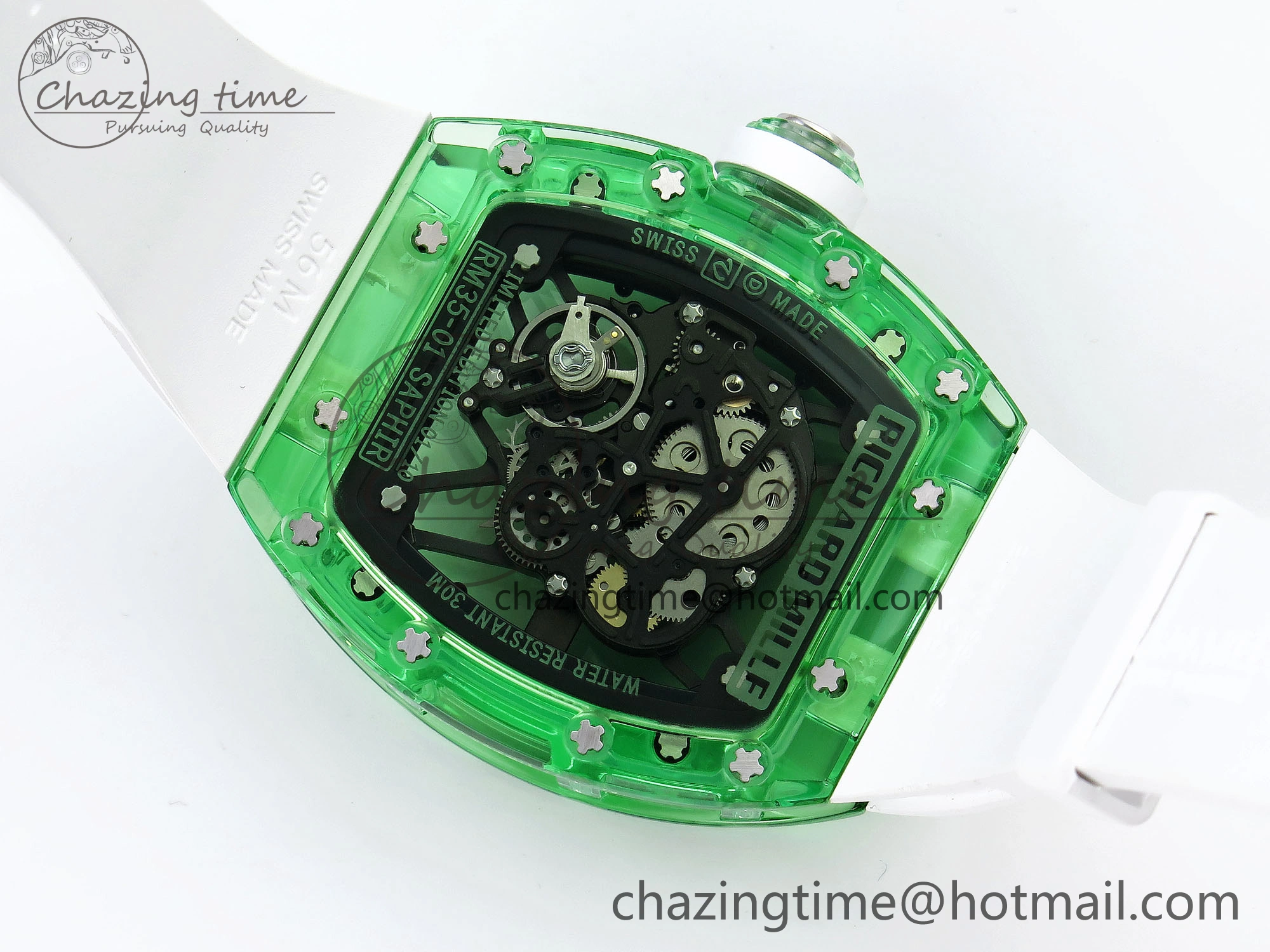 RM035 Green Transparent RMF Best Edition Skeleton Dial on White Rubber Strap Clone RMUL2