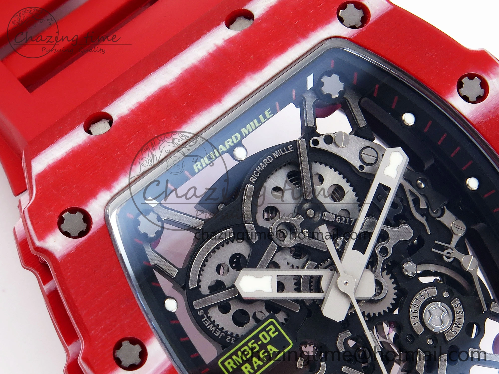 RM035 RED CARBON SONIC BEST EDITION SKELETON DIAL ON RED RUBBER STRAP CLONE RMUL2