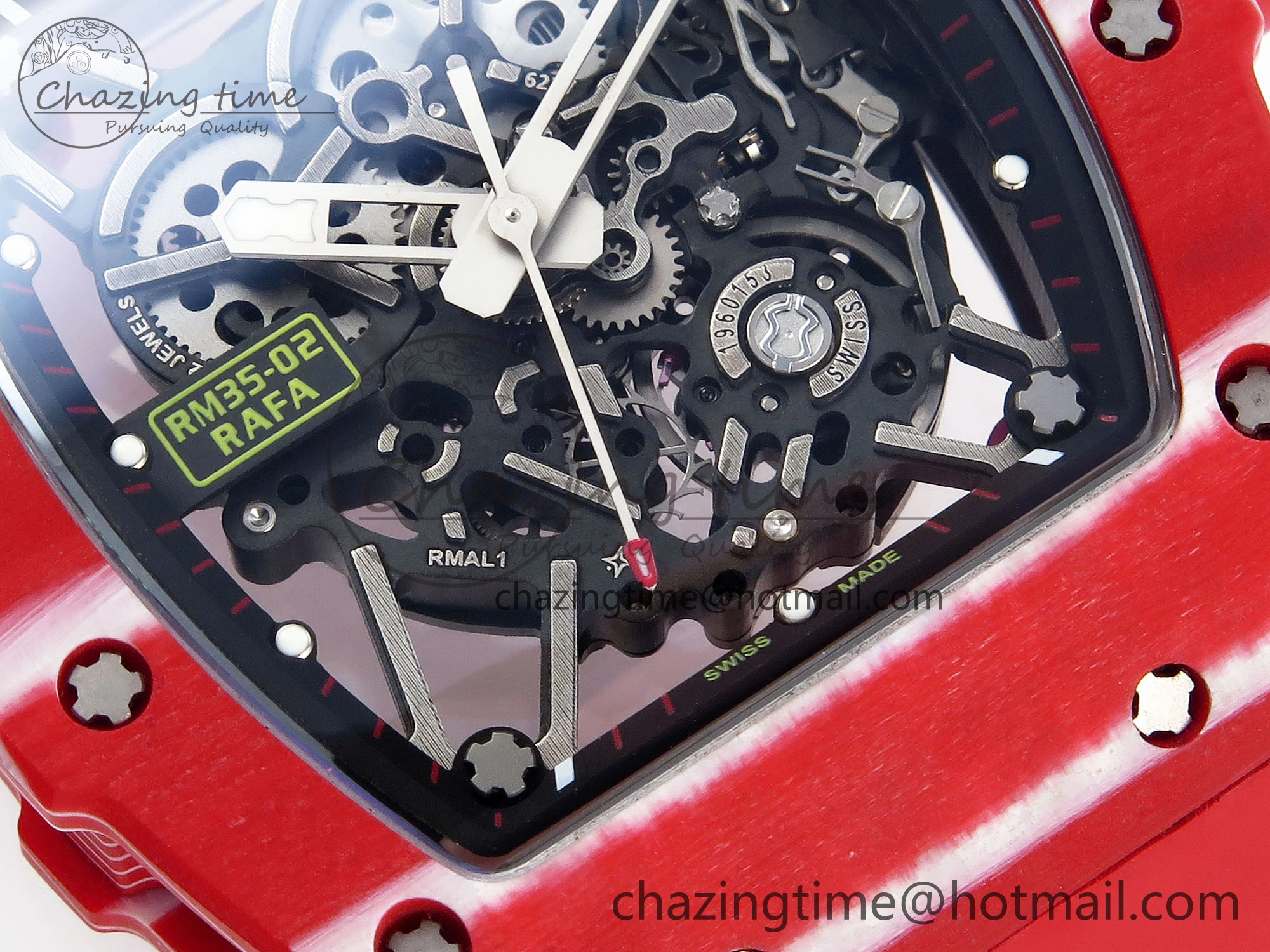 RM035 RED CARBON SONIC BEST EDITION SKELETON DIAL ON RED RUBBER STRAP CLONE RMUL2