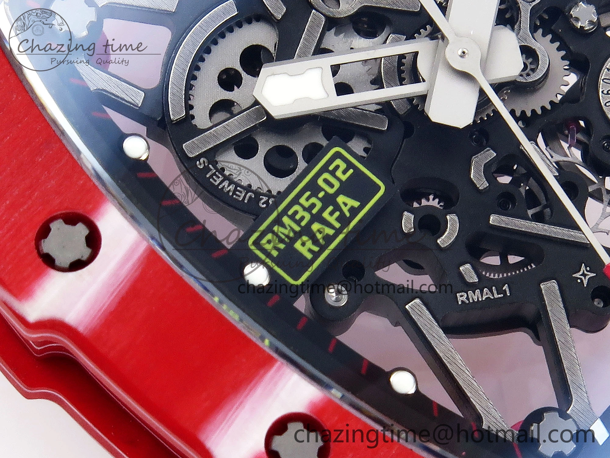RM035 RED CARBON SONIC BEST EDITION SKELETON DIAL ON RED RUBBER STRAP CLONE RMUL2