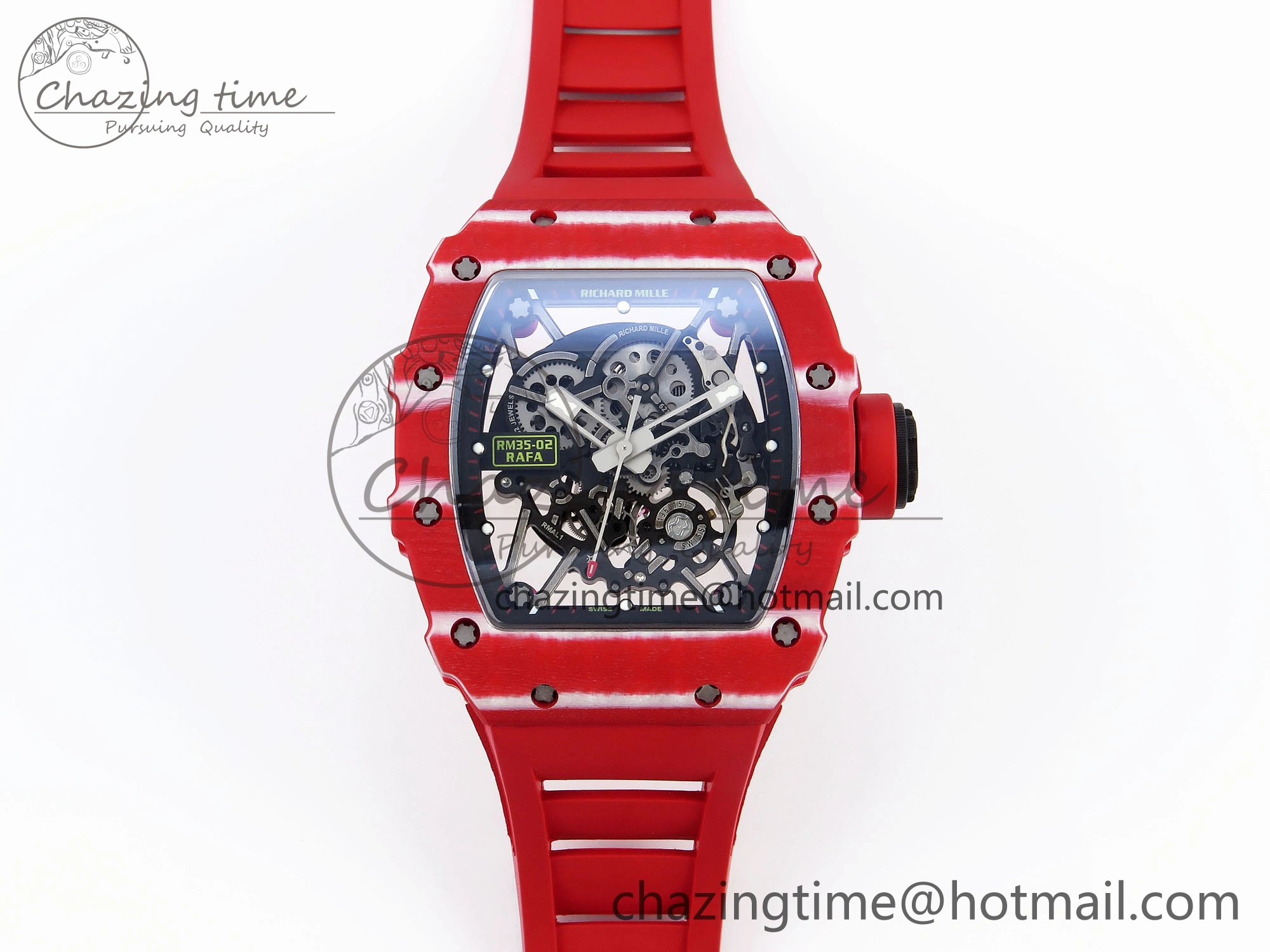 RM035 RED CARBON SONIC BEST EDITION SKELETON DIAL ON RED RUBBER STRAP CLONE RMUL2
