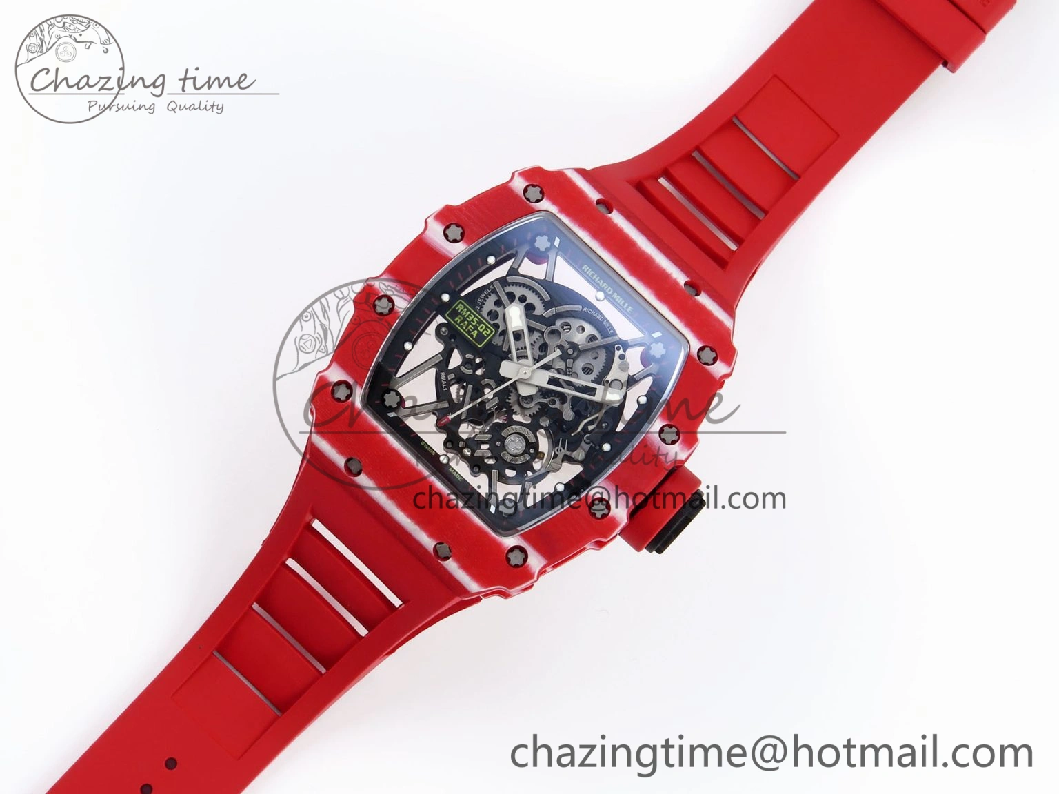 RM035 RED CARBON SONIC BEST EDITION SKELETON DIAL ON RED RUBBER STRAP CLONE RMUL2