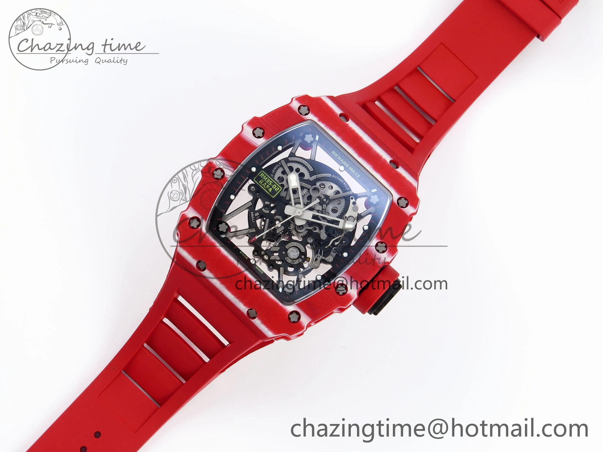 RM035 RED CARBON SONIC BEST EDITION SKELETON DIAL ON RED RUBBER STRAP CLONE RMUL2