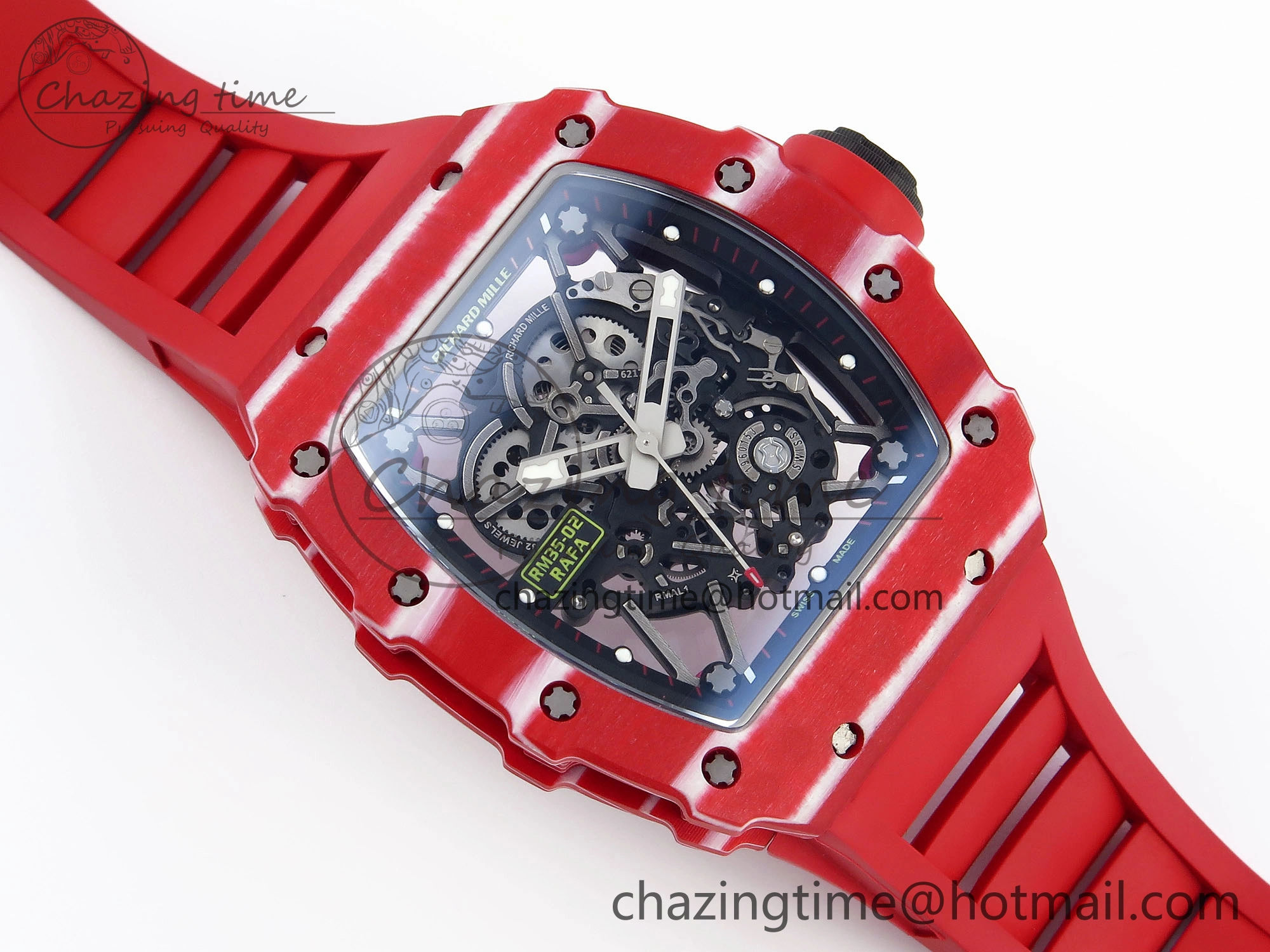 RM035 RED CARBON SONIC BEST EDITION SKELETON DIAL ON RED RUBBER STRAP CLONE RMUL2