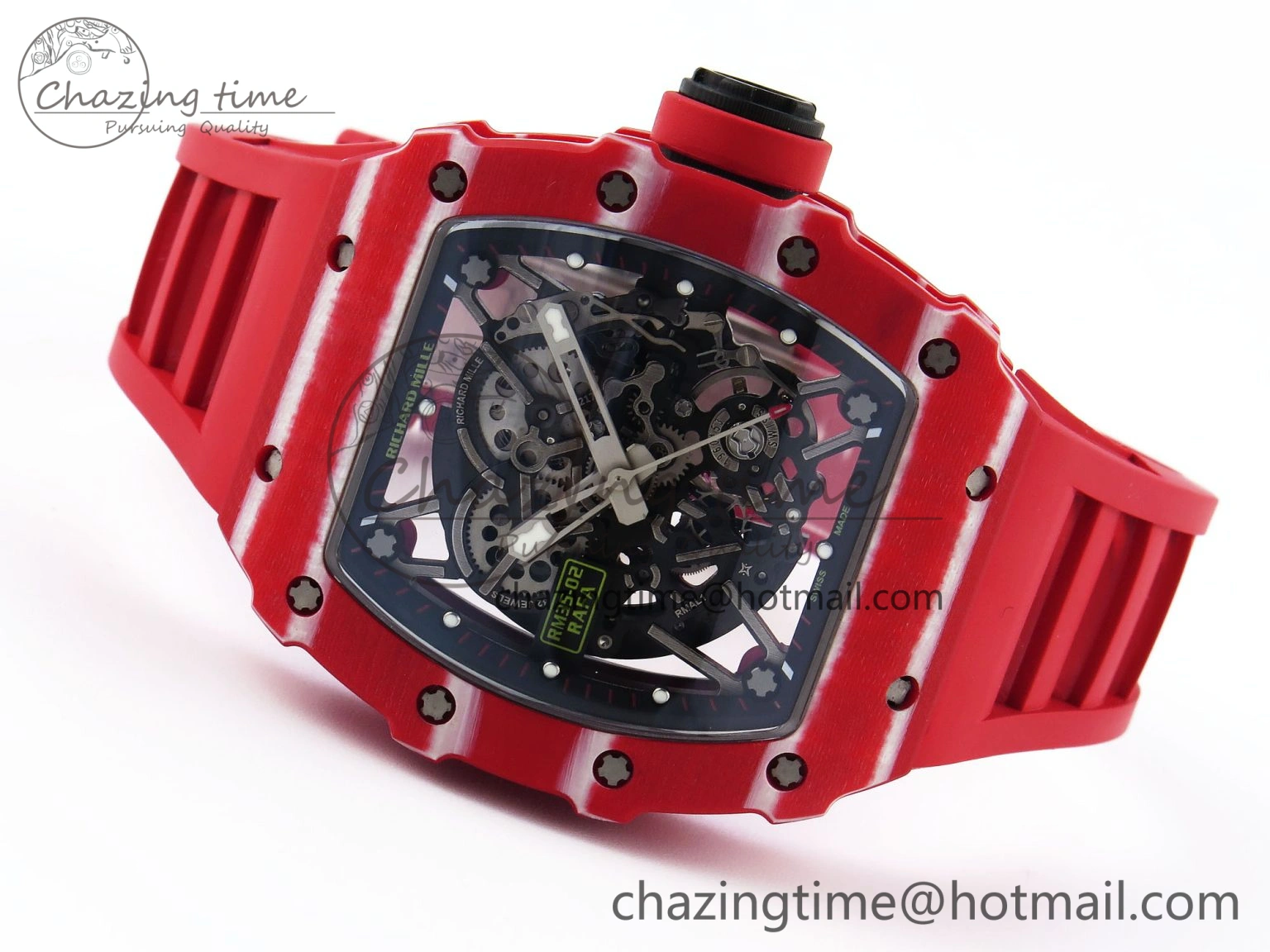 RM035 RED CARBON SONIC BEST EDITION SKELETON DIAL ON RED RUBBER STRAP CLONE RMUL2