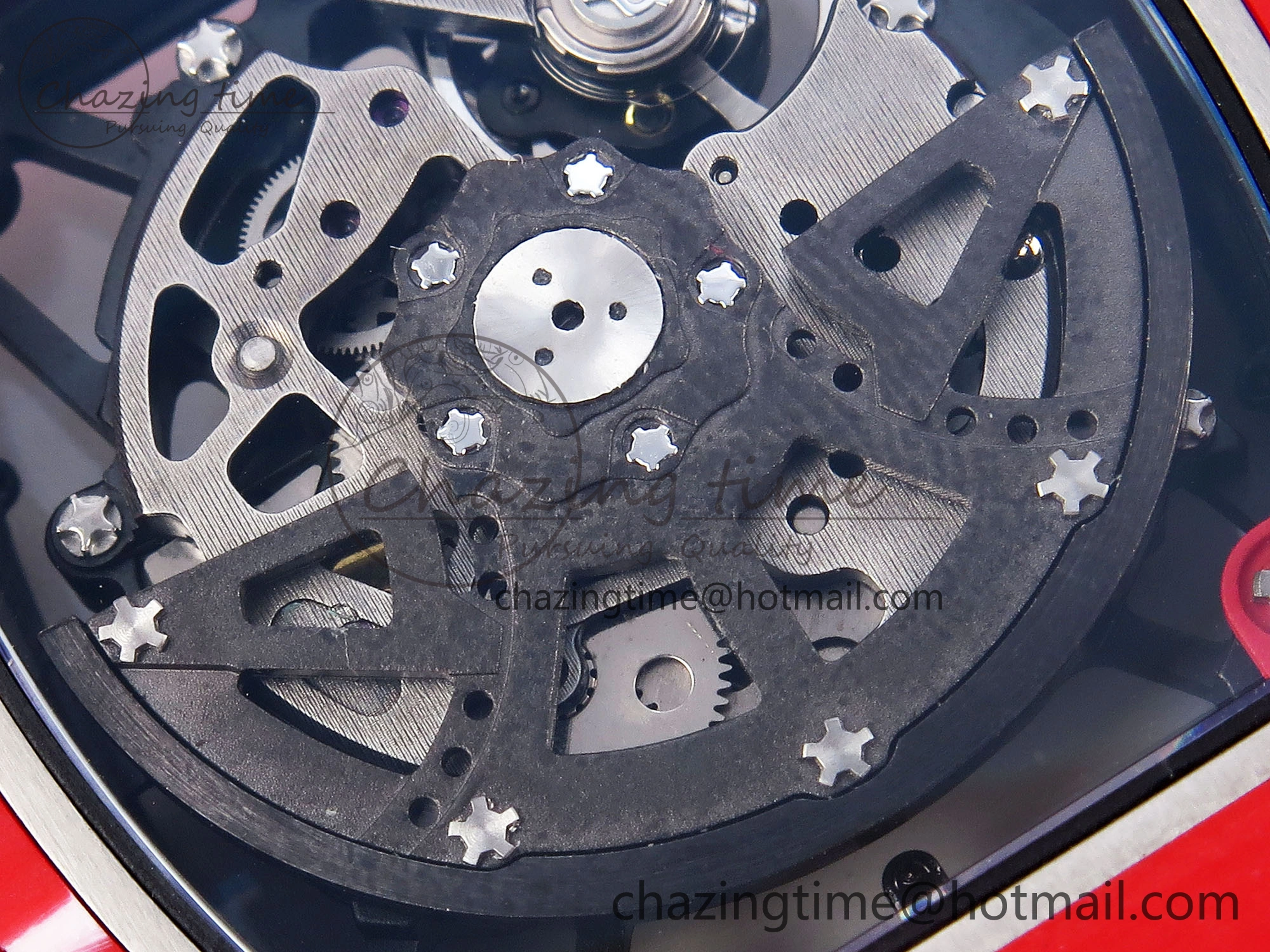 RM035 RED CARBON SONIC BEST EDITION SKELETON DIAL ON RED RUBBER STRAP CLONE RMUL2