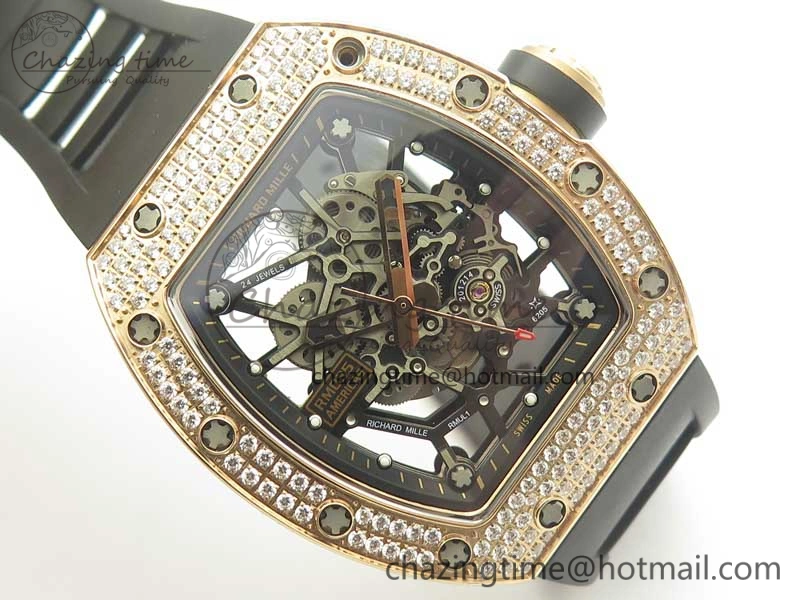 RM035 RG Diamonds Bezel KVF Best Edition Skeleton Dial on Black Rubber Strap MIYOTA8215