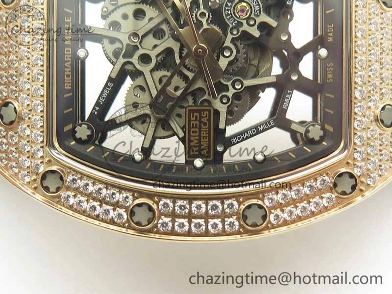 RM035 RG Diamonds Bezel KVF Best Edition Skeleton Dial on Black Rubber Strap MIYOTA8215