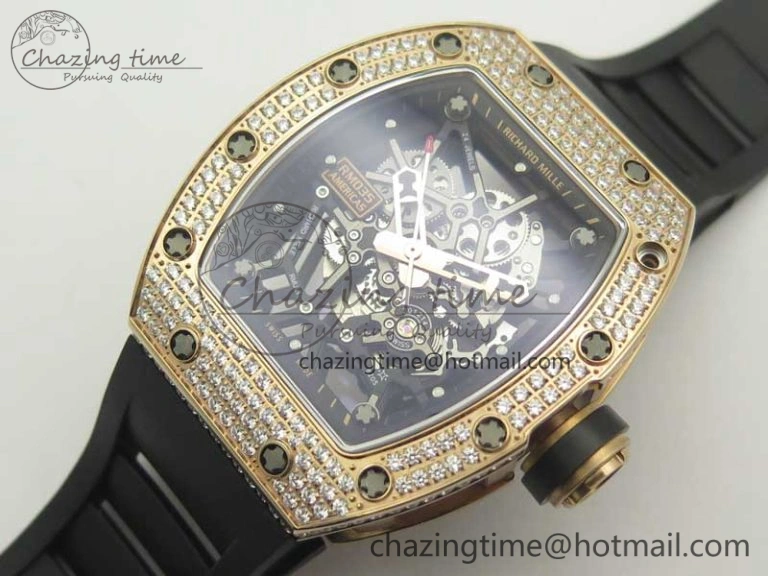 RM035 RG Diamonds Bezel KVF Best Edition Skeleton Dial on Black Rubber Strap MIYOTA8215