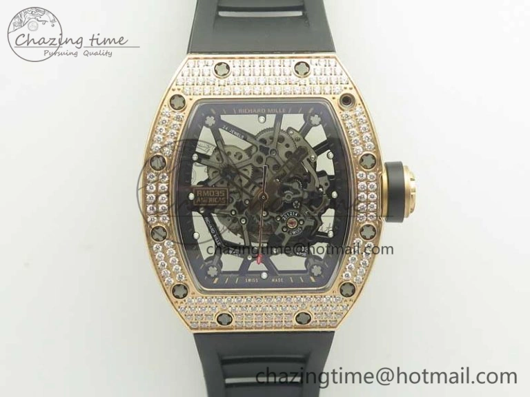 RM035 RG Diamonds Bezel KVF Best Edition Skeleton Dial on Black Rubber Strap MIYOTA8215