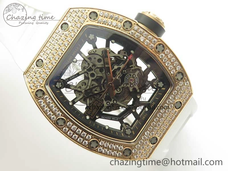 RM035 RG Diamonds Bezel KVF Best Edition Skeleton Dial on White Rubber Strap MIYOTA8215