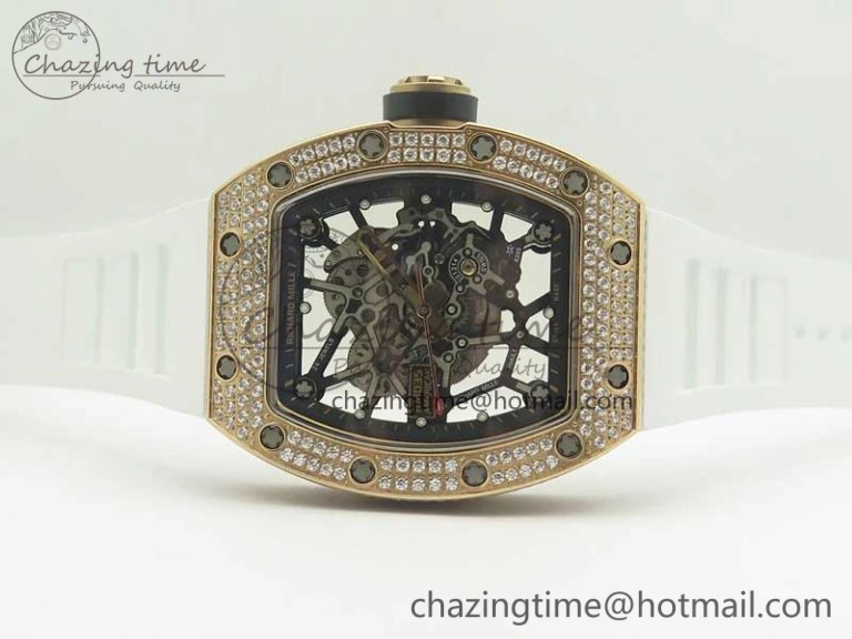 RM035 RG Diamonds Bezel KVF Best Edition Skeleton Dial on White Rubber Strap MIYOTA8215