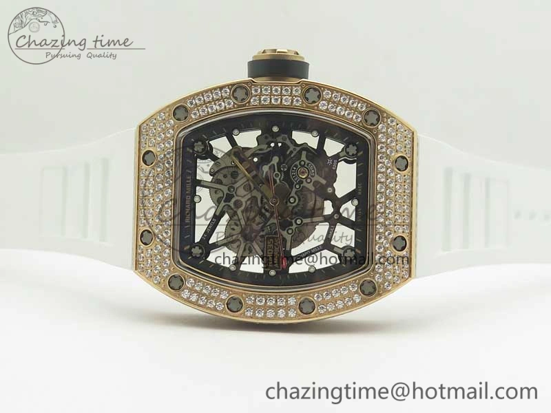 RM035 RG Diamonds Bezel KVF Best Edition Skeleton Dial on White Rubber Strap MIYOTA8215
