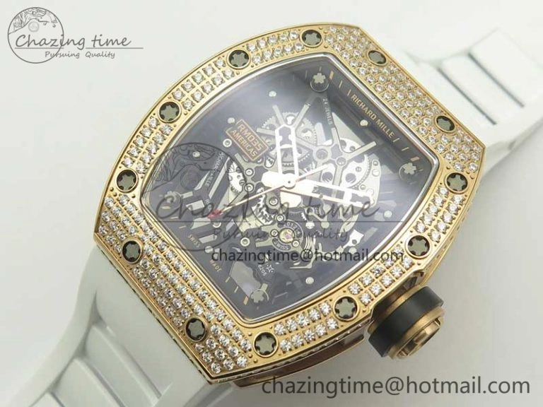 RM035 RG Diamonds Bezel KVF Best Edition Skeleton Dial on White Rubber Strap MIYOTA8215