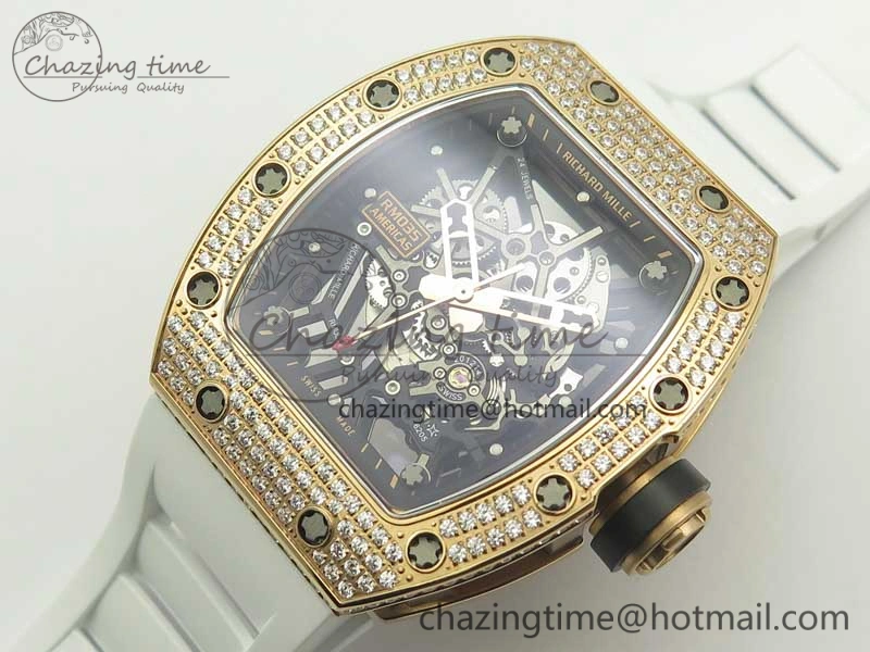RM035 RG Diamonds Bezel KVF Best Edition Skeleton Dial on White Rubber Strap MIYOTA8215