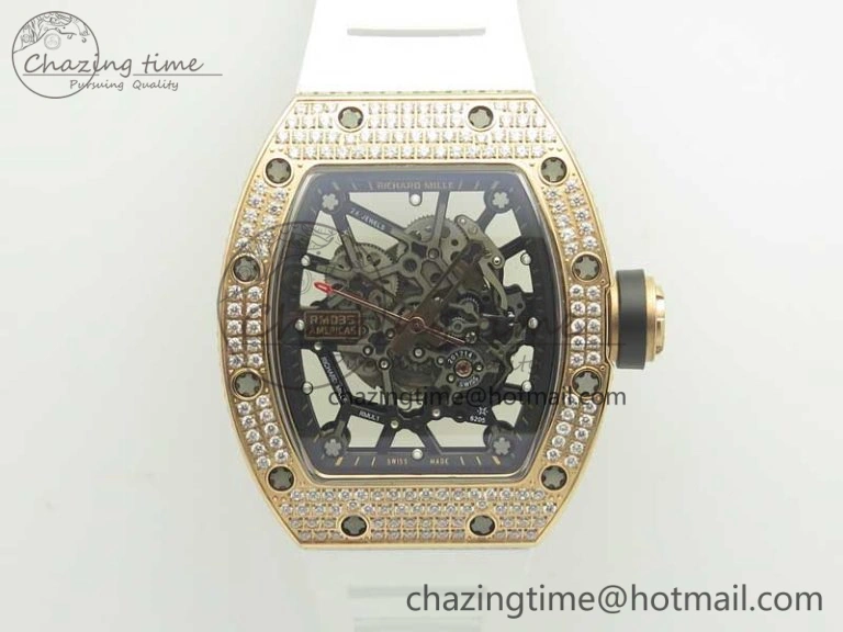 RM035 RG Diamonds Bezel KVF Best Edition Skeleton Dial on White Rubber Strap MIYOTA8215