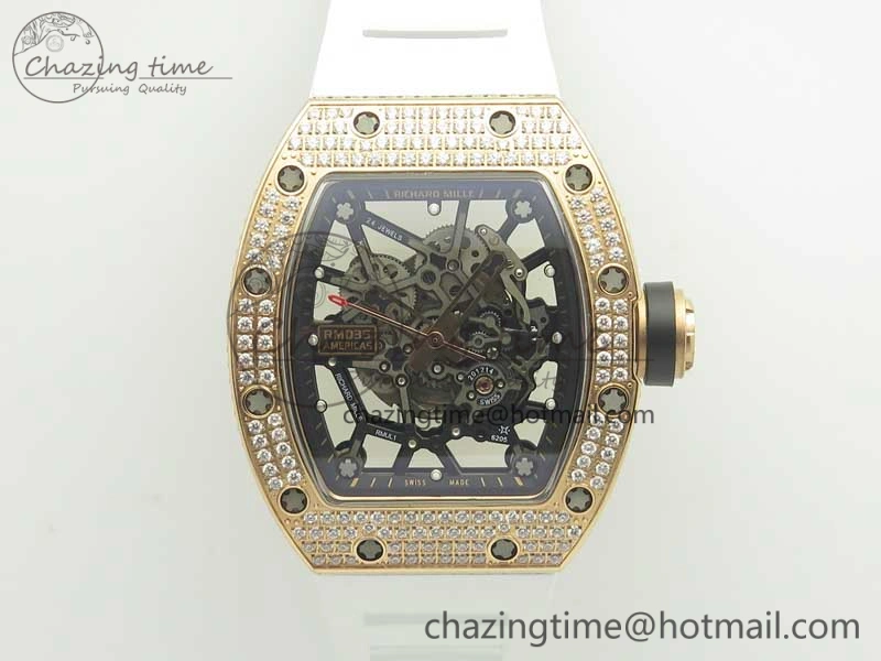 RM035 RG Diamonds Bezel KVF Best Edition Skeleton Dial on White Rubber Strap MIYOTA8215