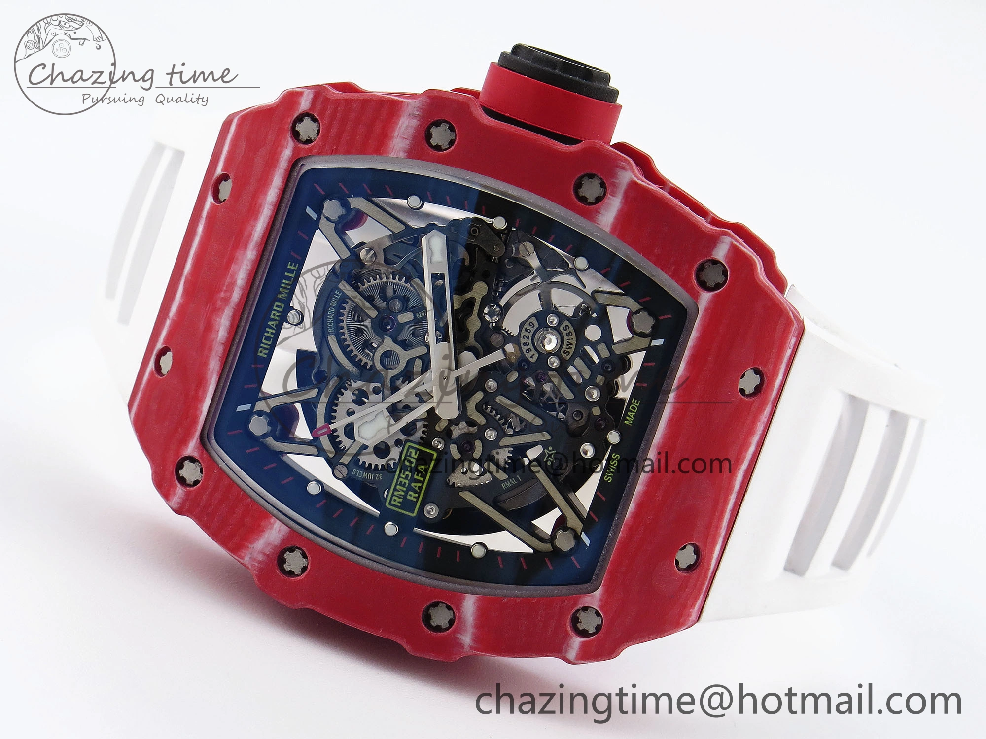 RM035 Red Carbon T+F Best Edition Skeleton Dial on White Rubber Strap Clone RMUL2