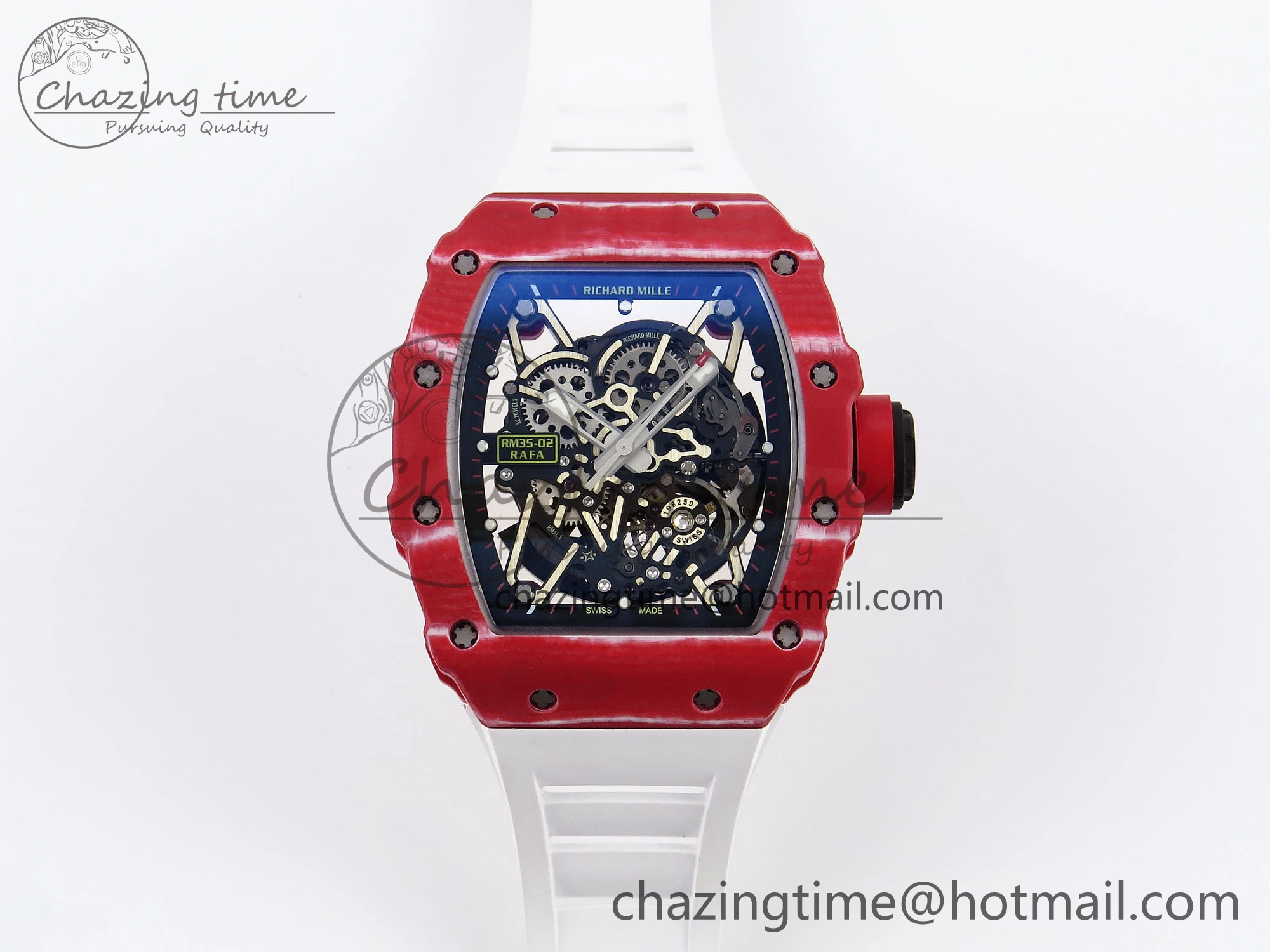 RM035 Red Carbon T+F Best Edition Skeleton Dial on White Rubber Strap Clone RMUL2