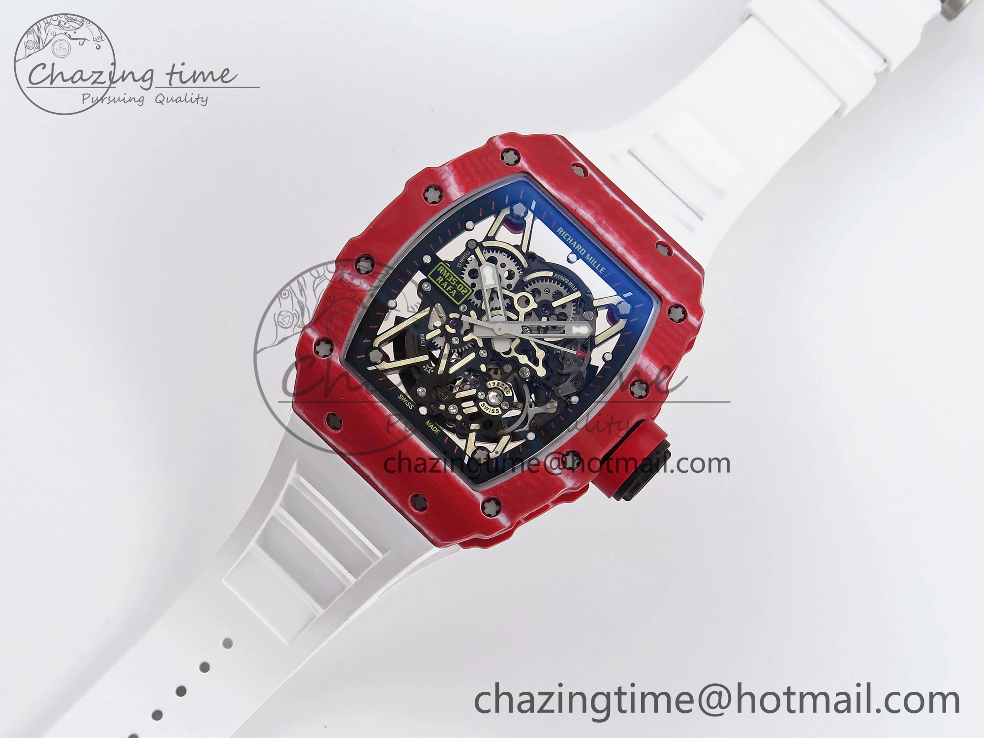 RM035 Red Carbon T+F Best Edition Skeleton Dial on White Rubber Strap Clone RMUL2