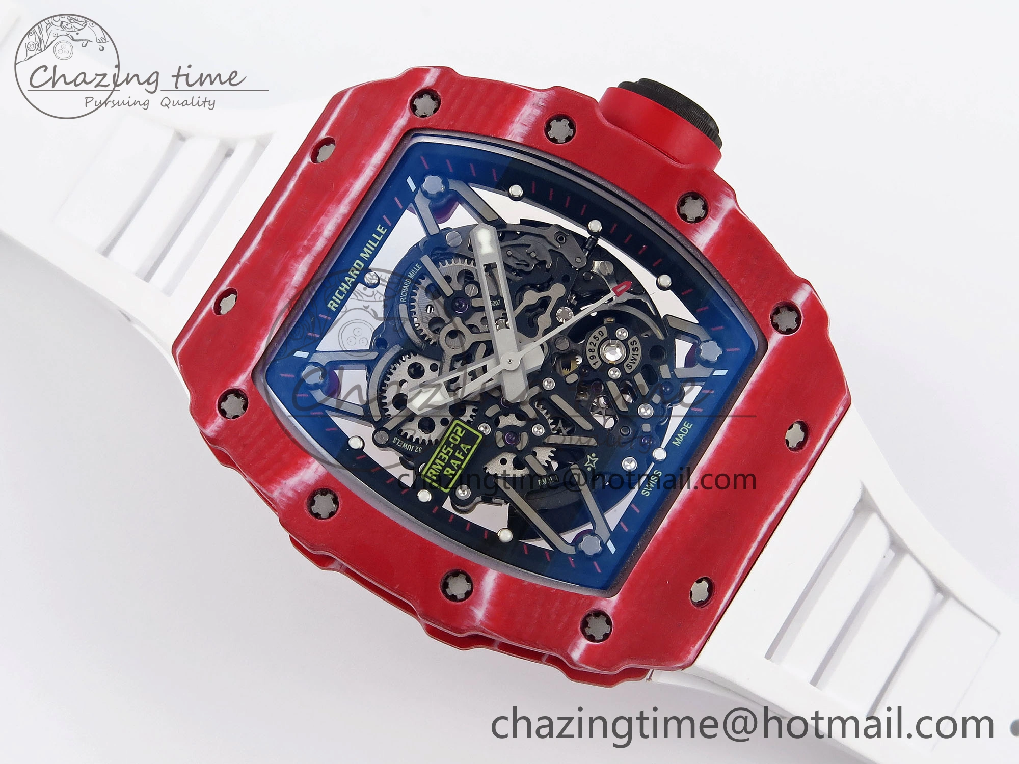 RM035 Red Carbon T+F Best Edition Skeleton Dial on White Rubber Strap Clone RMUL2