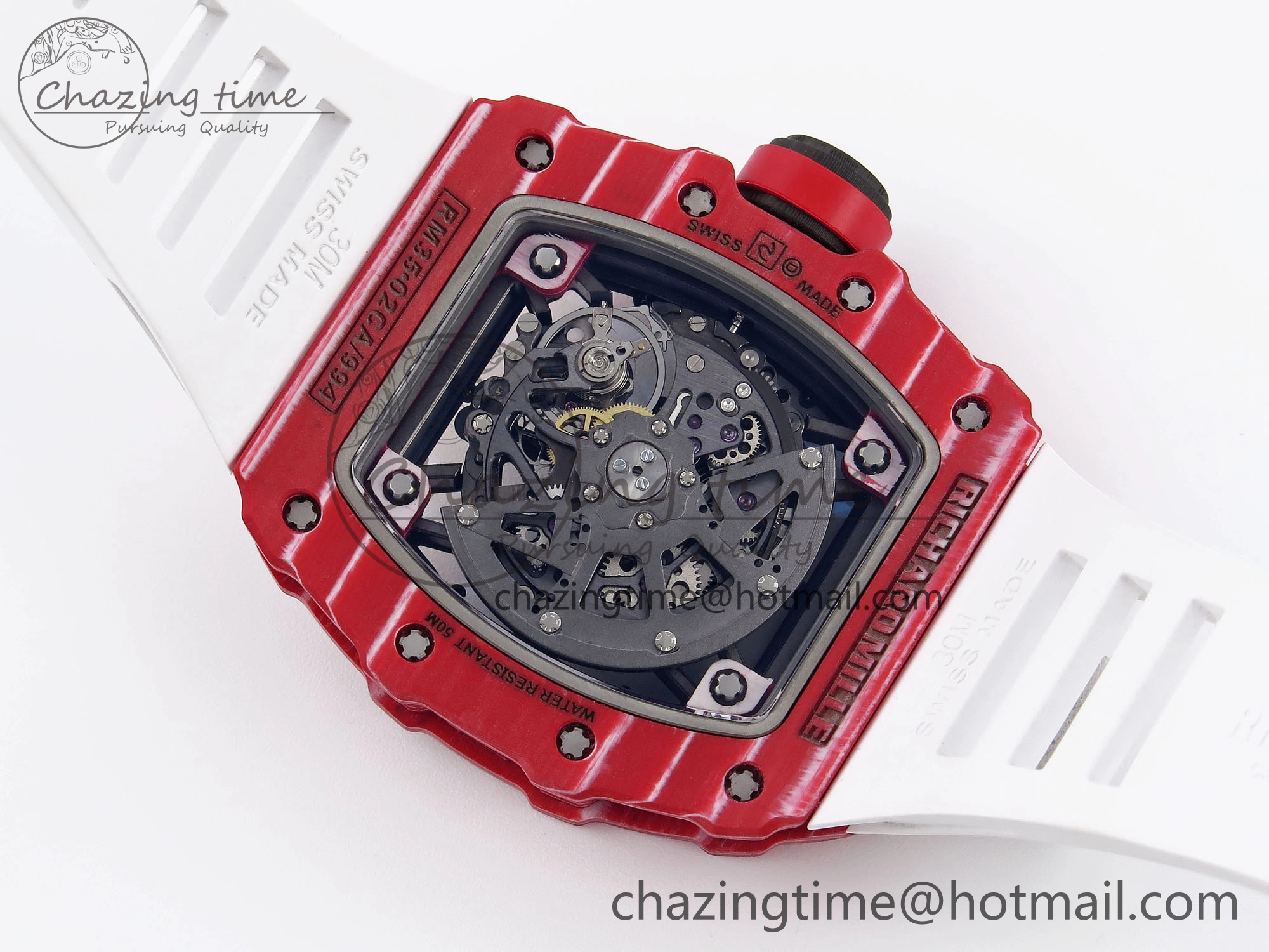 RM035 Red Carbon T+F Best Edition Skeleton Dial on White Rubber Strap Clone RMUL2