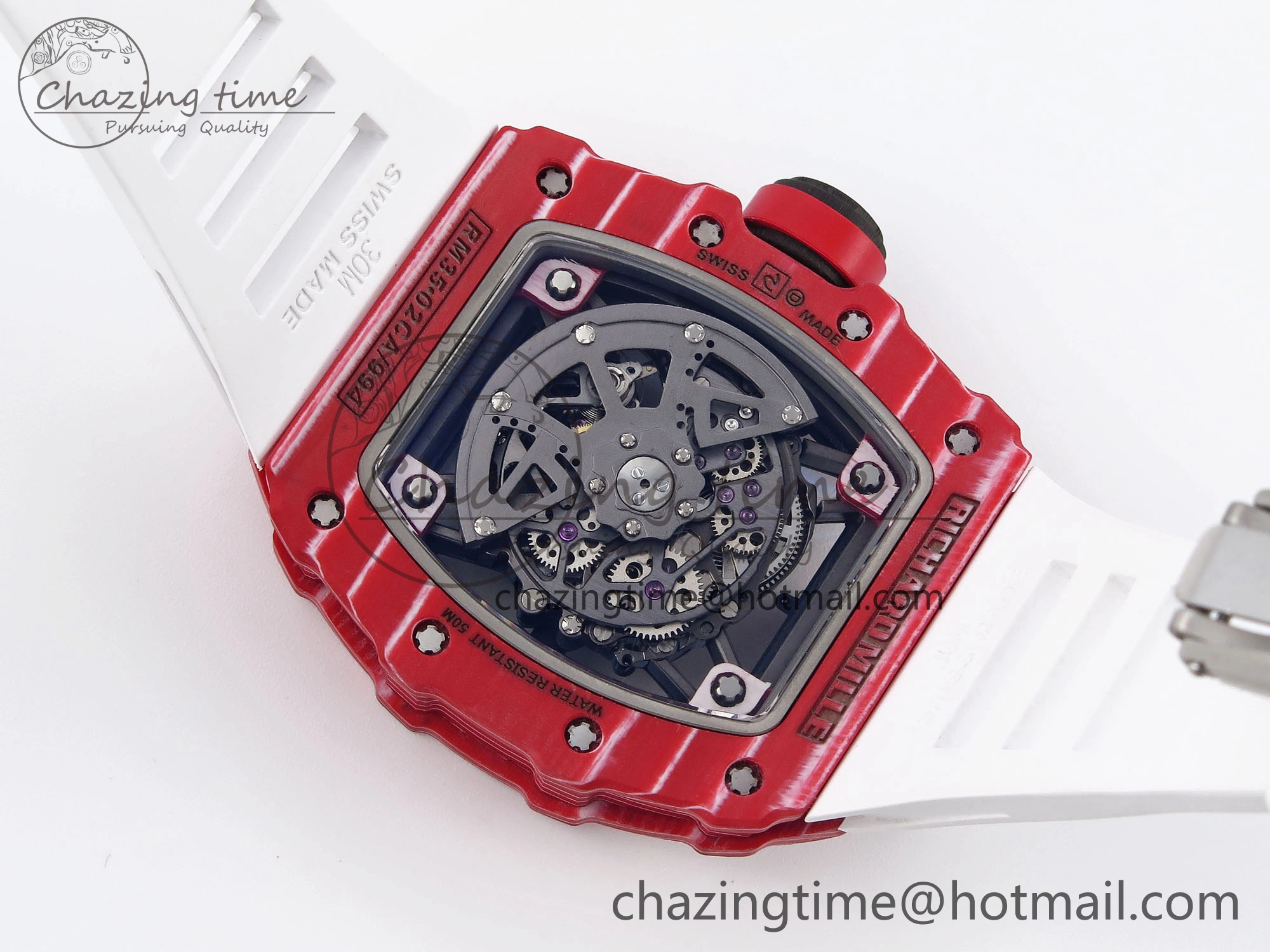 RM035 Red Carbon T+F Best Edition Skeleton Dial on White Rubber Strap Clone RMUL2