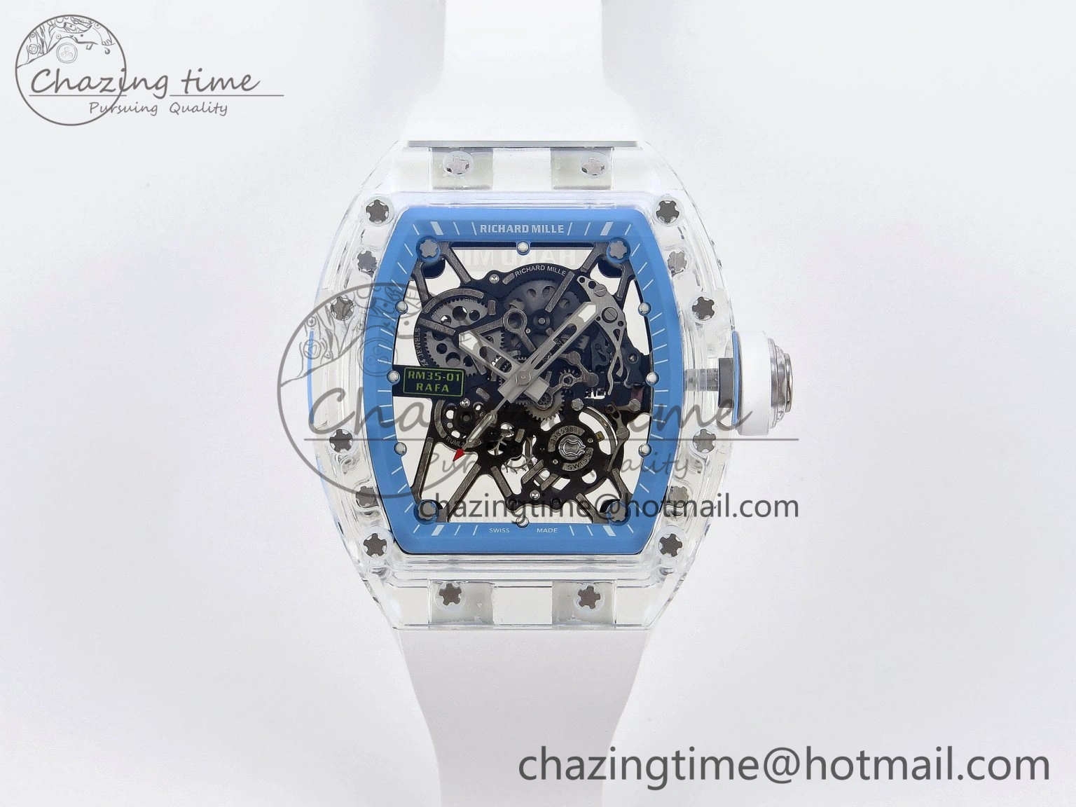 RM035 Transparent RMF Best Edition Skeleton Blue Dial on White Rubber Strap Clone RMUL2