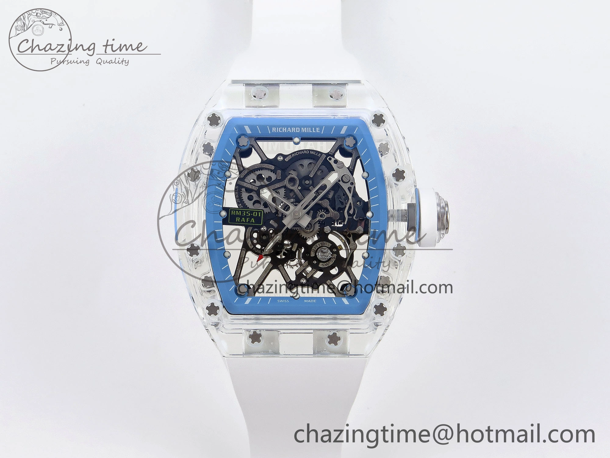 RM035 Transparent RMF Best Edition Skeleton Blue Dial on White Rubber Strap Clone RMUL2