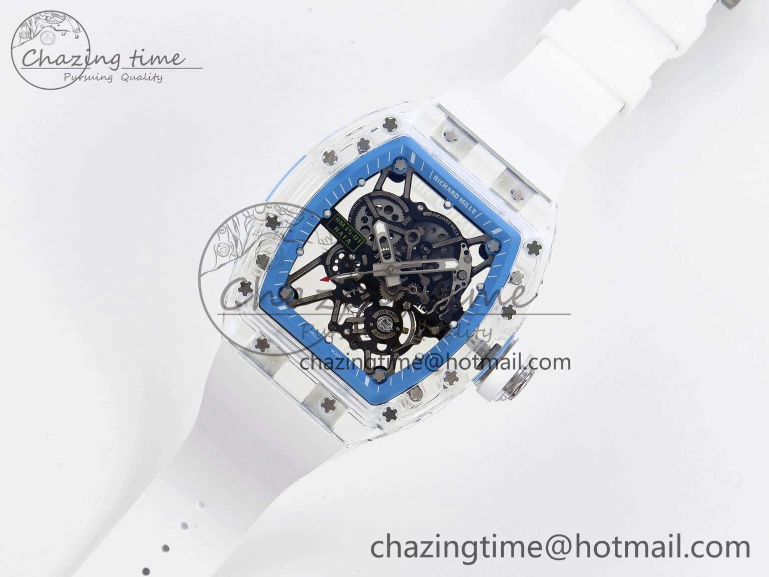RM035 Transparent RMF Best Edition Skeleton Blue Dial on White Rubber Strap Clone RMUL2