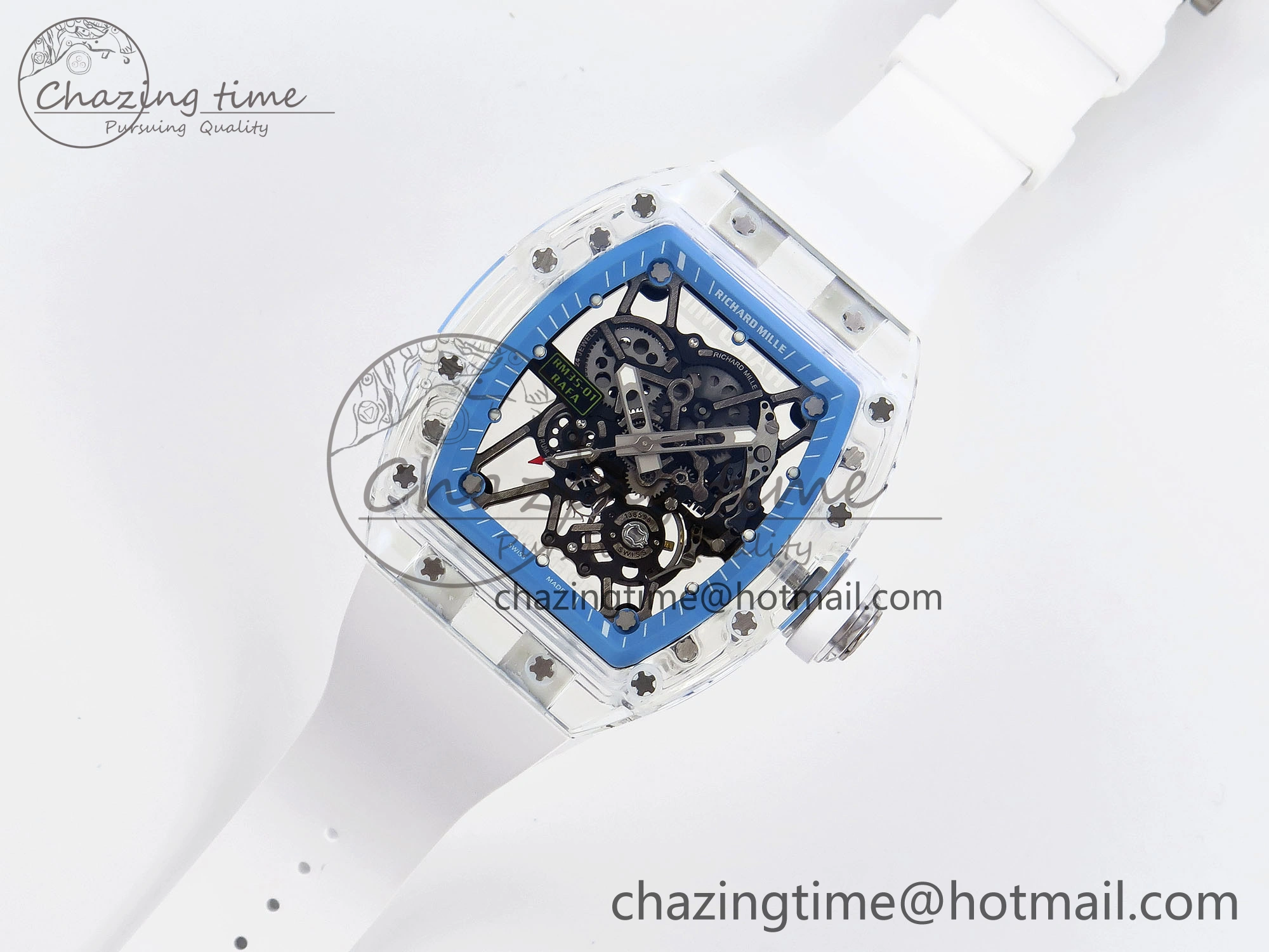 RM035 Transparent RMF Best Edition Skeleton Blue Dial on White Rubber Strap Clone RMUL2