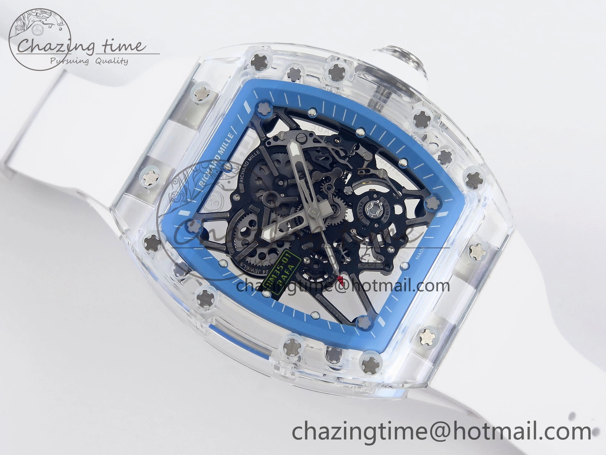 RM035 Transparent RMF Best Edition Skeleton Blue Dial on White Rubber Strap Clone RMUL2