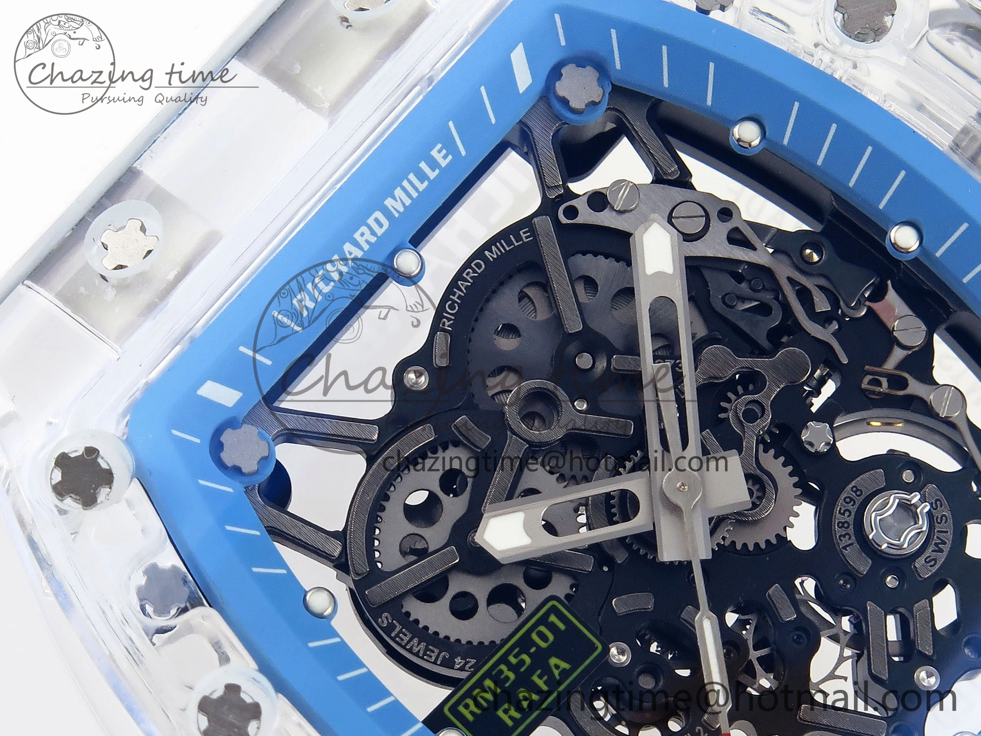 RM035 Transparent RMF Best Edition Skeleton Blue Dial on White Rubber Strap Clone RMUL2