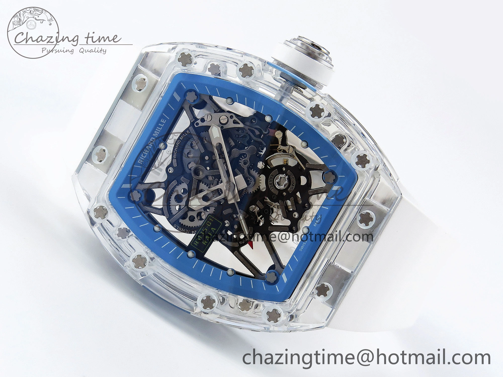 RM035 Transparent RMF Best Edition Skeleton Blue Dial on White Rubber Strap Clone RMUL2