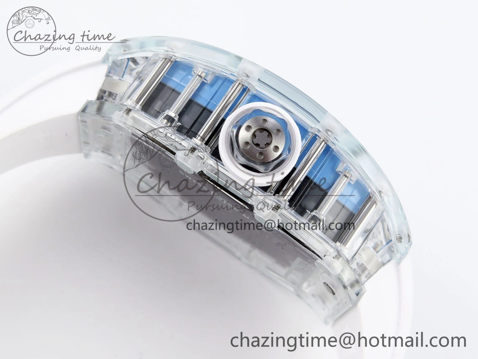 RM035 Transparent RMF Best Edition Skeleton Blue Dial on White Rubber Strap Clone RMUL2