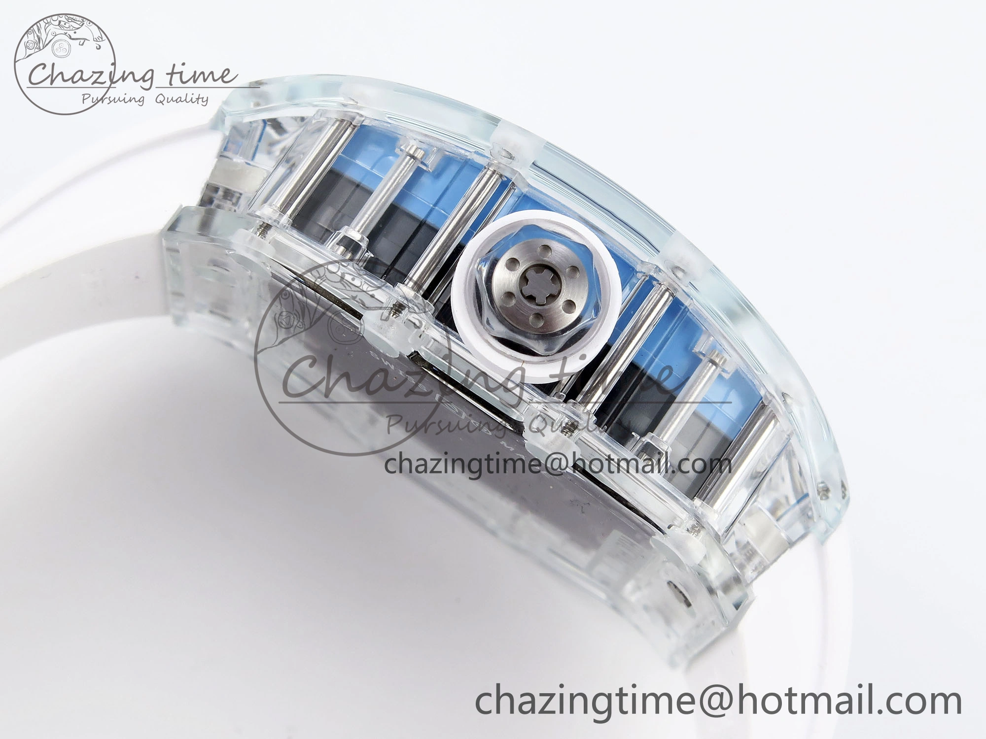 RM035 Transparent RMF Best Edition Skeleton Blue Dial on White Rubber Strap Clone RMUL2