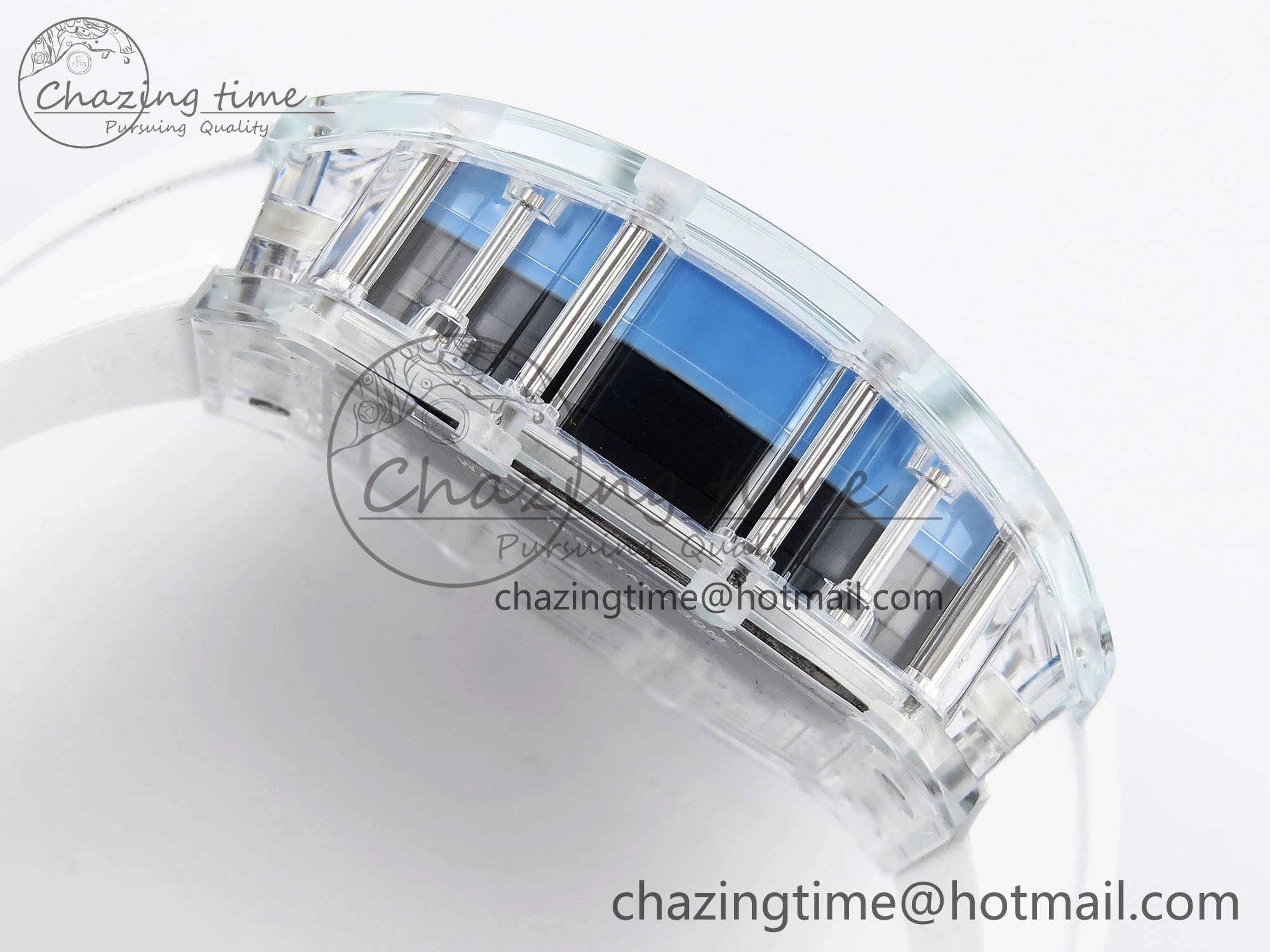 RM035 Transparent RMF Best Edition Skeleton Blue Dial on White Rubber Strap Clone RMUL2