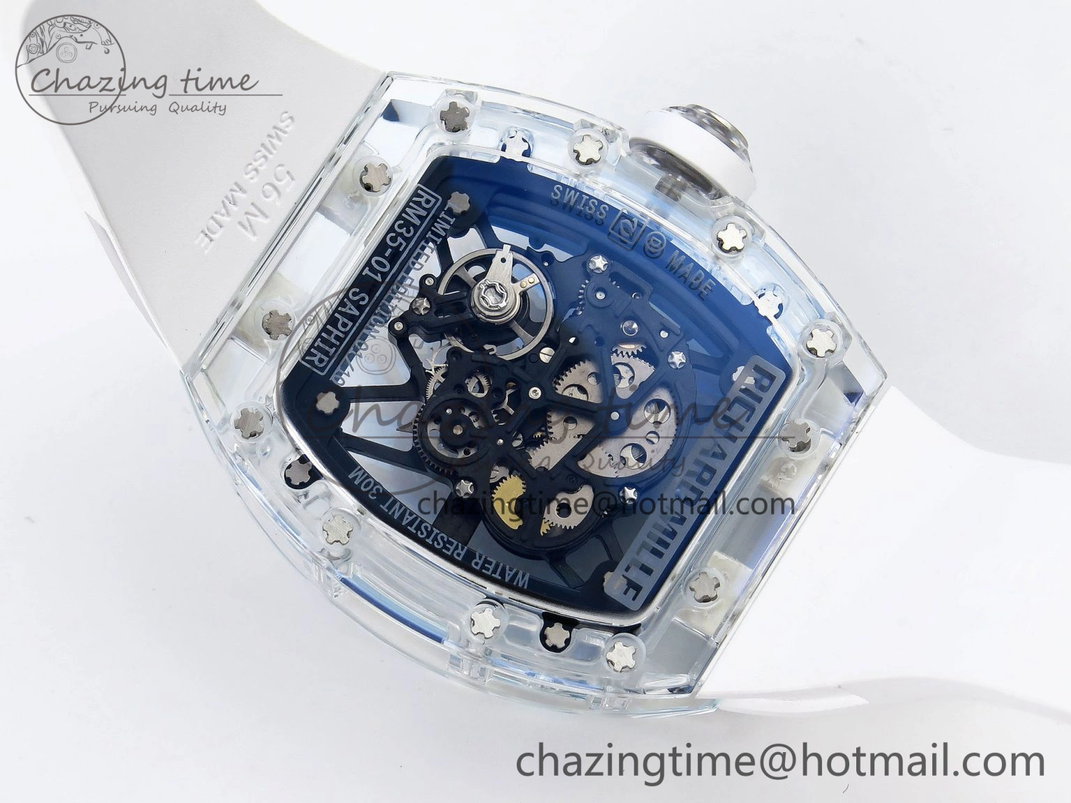RM035 Transparent RMF Best Edition Skeleton Blue Dial on White Rubber Strap Clone RMUL2