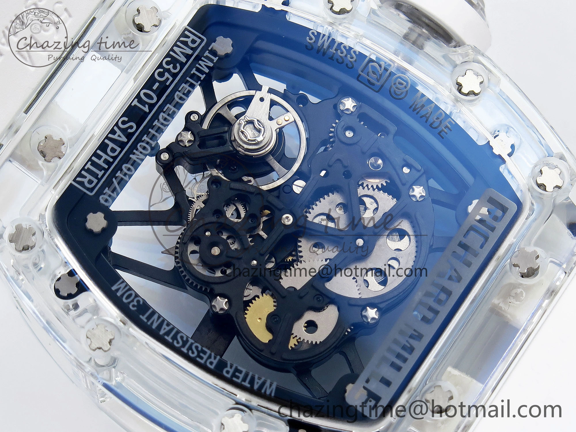 RM035 Transparent RMF Best Edition Skeleton Blue Dial on White Rubber Strap Clone RMUL2