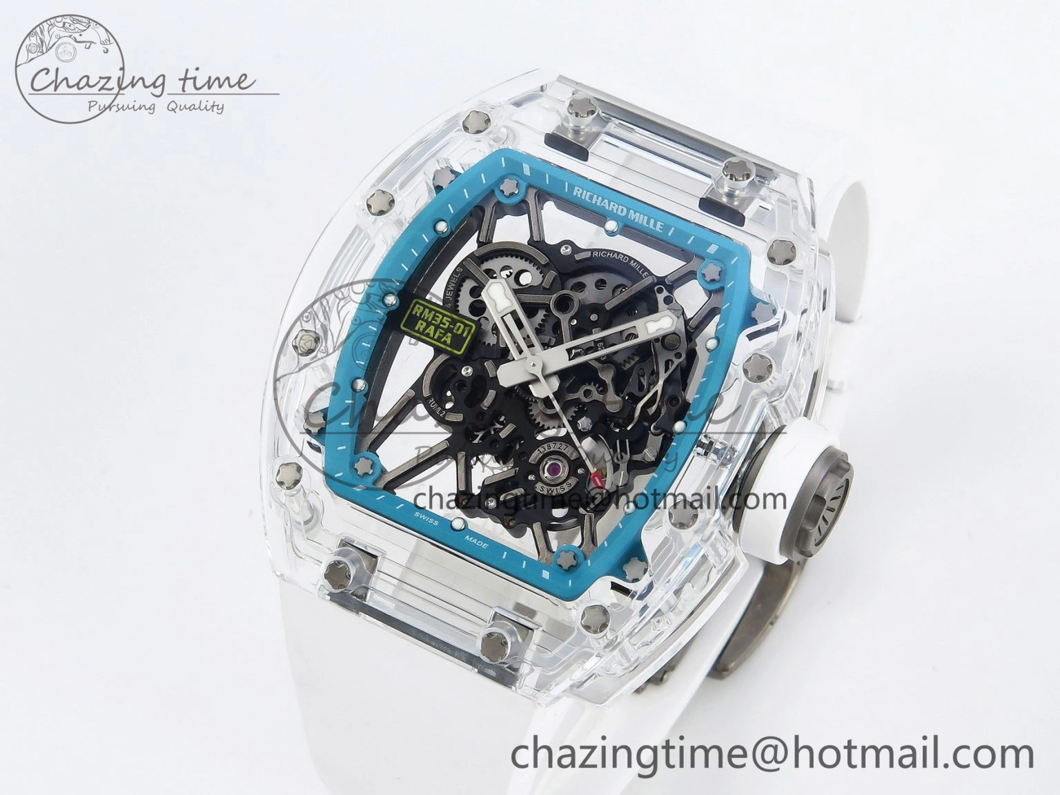 RM035 Transparent SONIC Best Edition Skeleton Blue Dial on White Nylon Strap Clone RMUL2