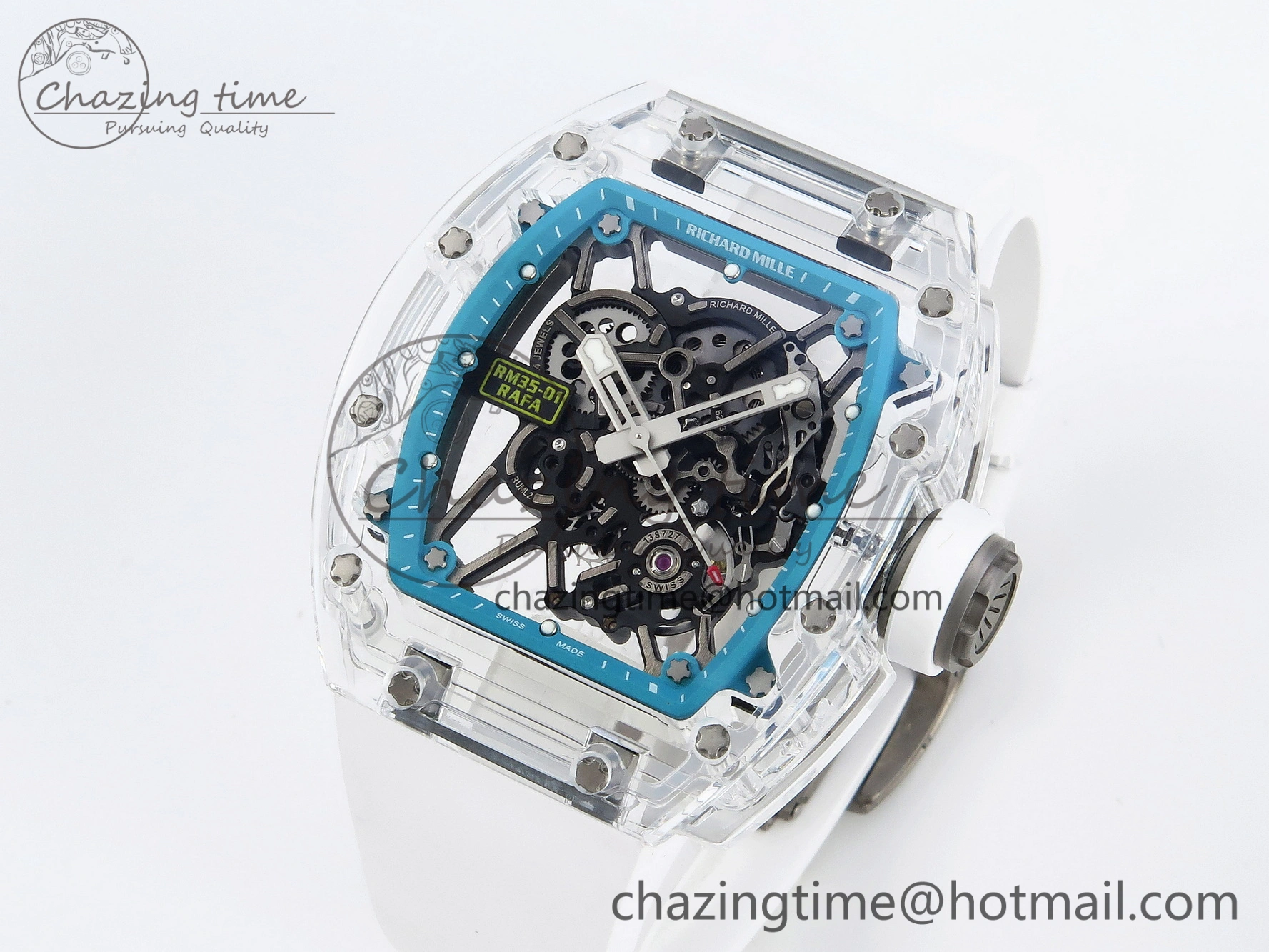 RM035 Transparent SONIC Best Edition Skeleton Blue Dial on White Nylon Strap Clone RMUL2