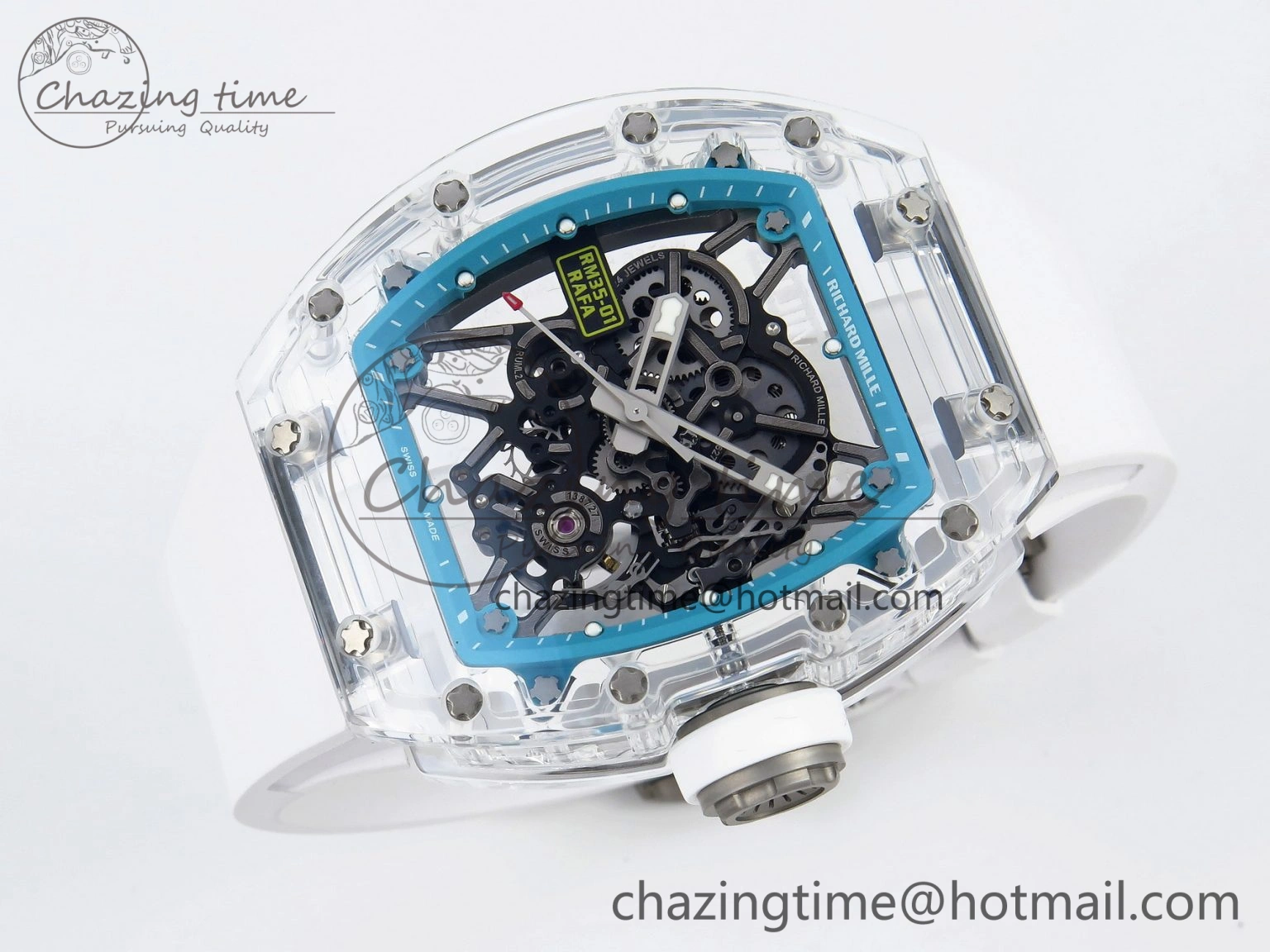 RM035 Transparent SONIC Best Edition Skeleton Blue Dial on White Nylon Strap Clone RMUL2