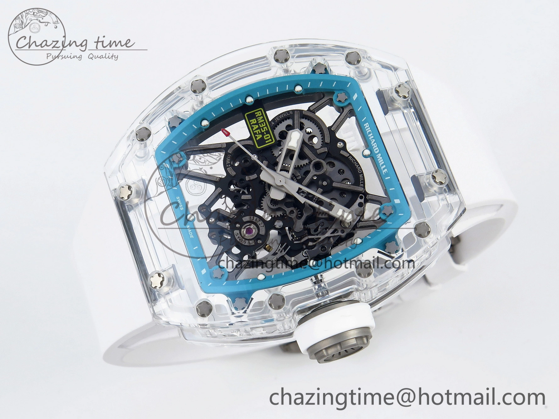 RM035 Transparent SONIC Best Edition Skeleton Blue Dial on White Nylon Strap Clone RMUL2
