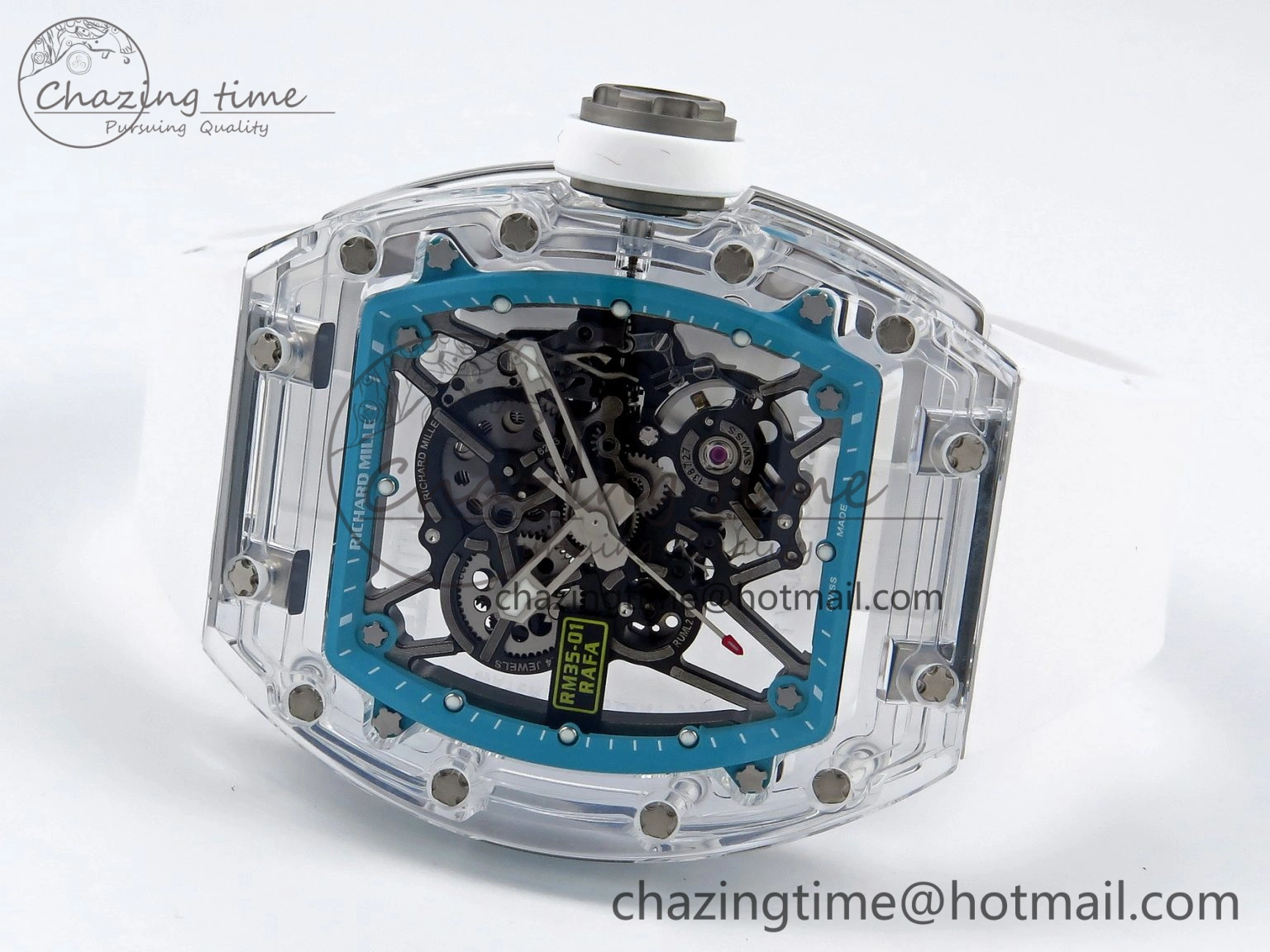 RM035 Transparent SONIC Best Edition Skeleton Blue Dial on White Nylon Strap Clone RMUL2
