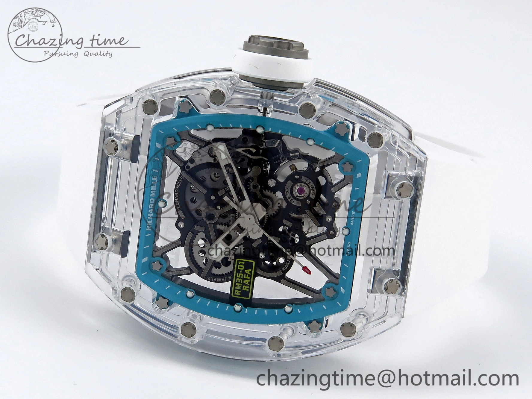 RM035 Transparent SONIC Best Edition Skeleton Blue Dial on White Nylon Strap Clone RMUL2